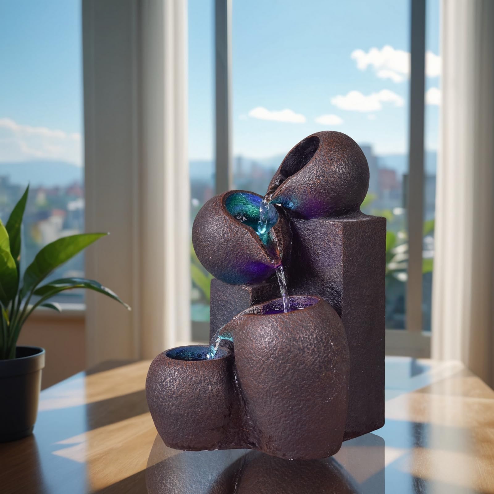 Fontaine d’Intérieur Cascade 4 Niveaux Jarre Effet Pierre Naturelle Lumière LED Coloré, Déco d’intérieur Zen et Élégant, Fontaine de Table, Idée Cadeau Exceptionnelle, H 25cm – Luba Zen’Light