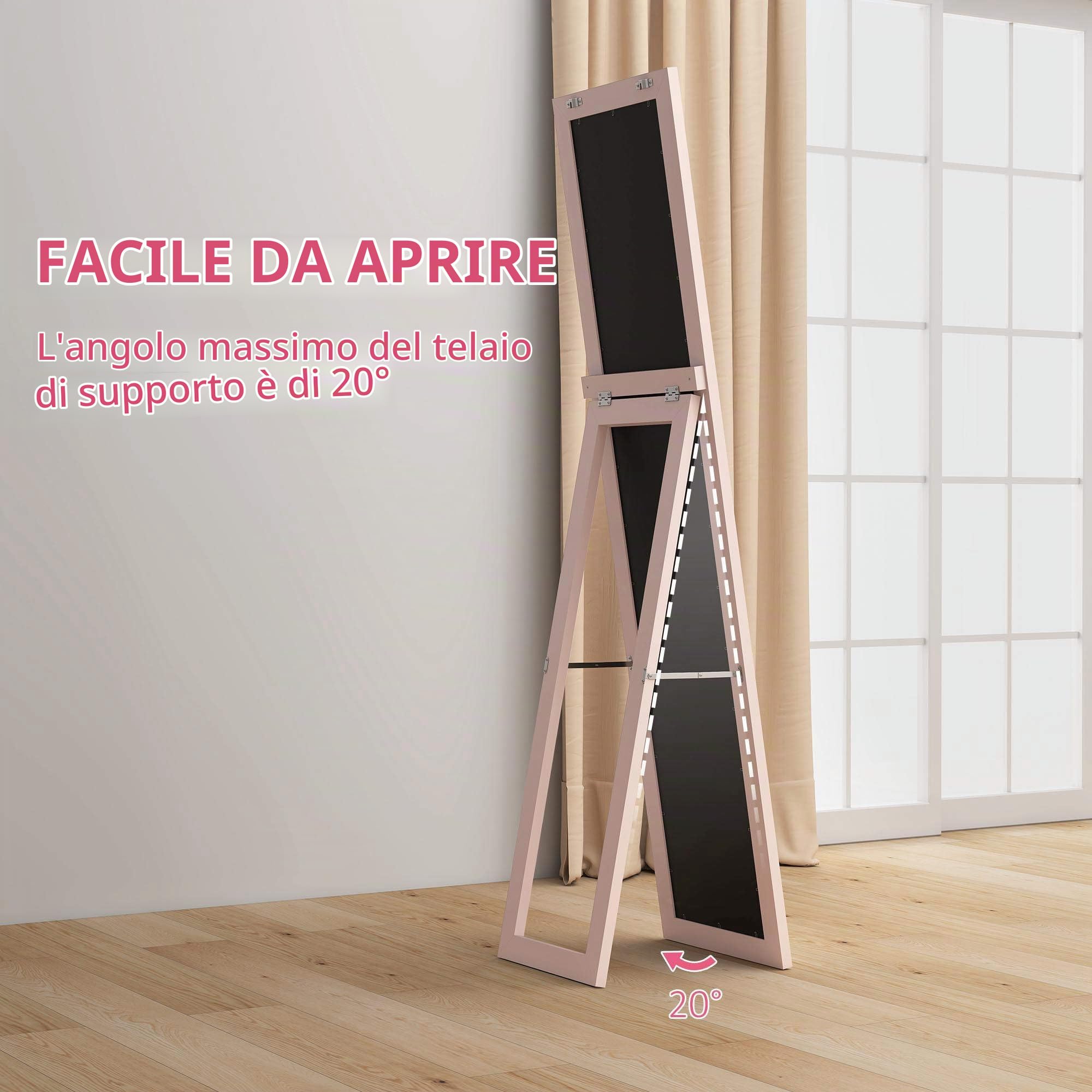 HOMCOM Specchio intero da terra 157x37cm con supporto rosa perlato chiaro