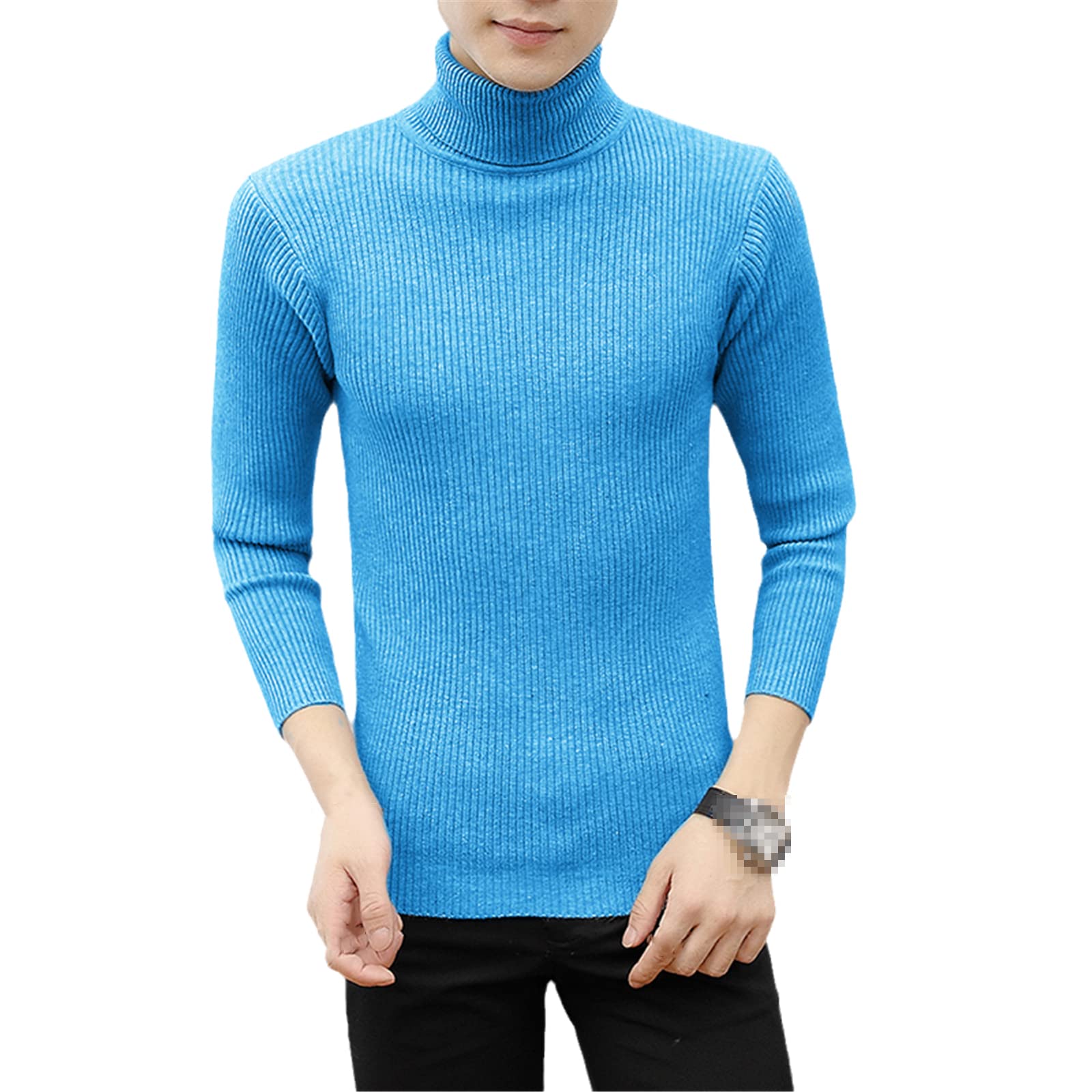 Vogrtcc Męski wąski jednolity kolor golf sweter zimowy długi rękaw ciepły dzianinowy sweter dół koszula, Błękitny, 3XL