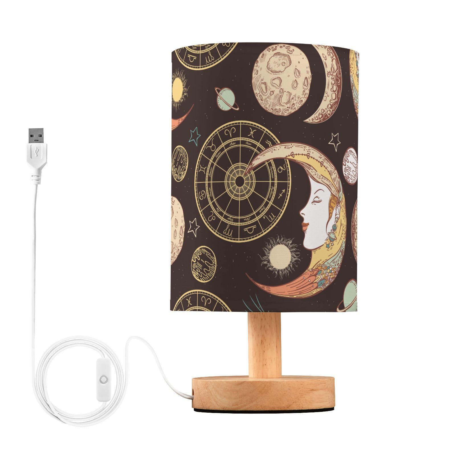 Mnsruu Lámpara de mesita de noche, sol, luna, luna, cara, astrología, bohemio, lámpara de mesita de noche, lámpara de escritorio con pantalla de tela, lámpara pequeña para dormitorio, sala de estar