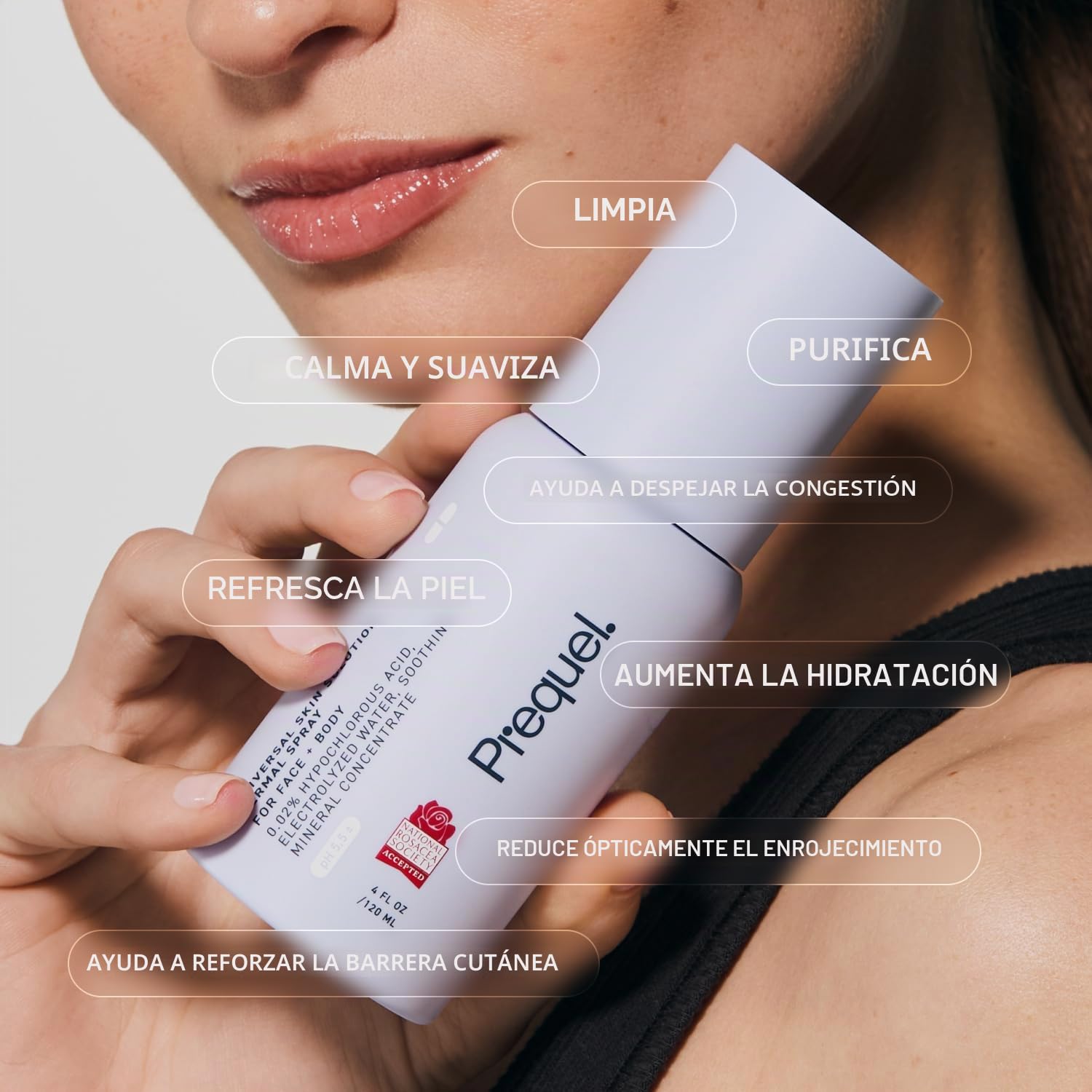 Prequel - Skin - Solución universal para la piel, spray hipocloroso para la piel, spray calmante facial y corporal con agua electrolizada y minerales, 140 ml