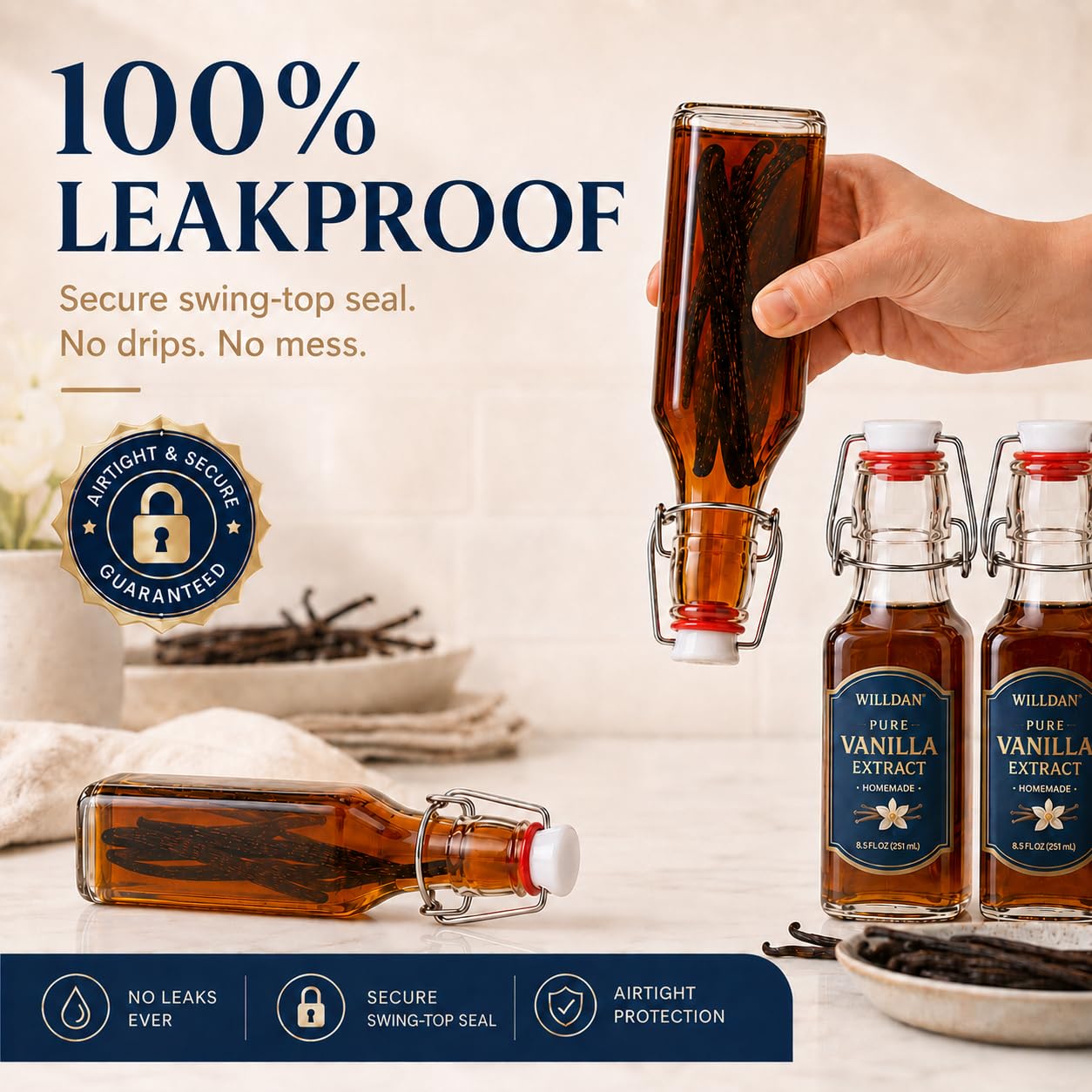WILLDAN Juego de 12 botellas de vidrio de 8.5 onzas con tapa abatible para kombucha, kéfir, extracto de vainilla, cerveza, tapas herméticas y tapas a prueba de fugas, juntas y embudo adicionales