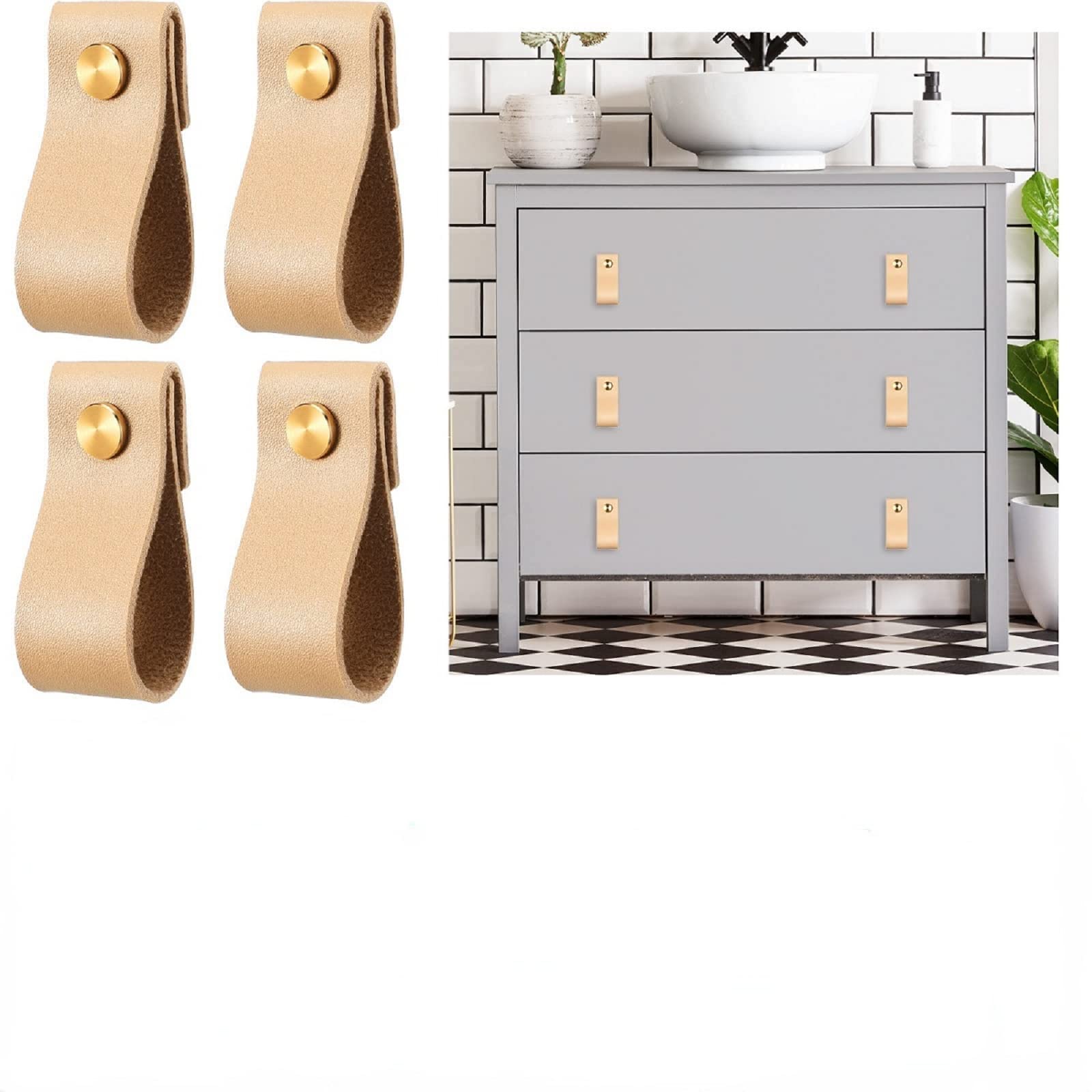 4 Pieces PVC Leather Drawer Pulls Handmade PVC Leather Cabinet Pulls Cabinet Furniture Knobs Pull Handle Wardrobe Door Handle Pulls Knob for Dresser Drawers Cabinet (Light Brown)