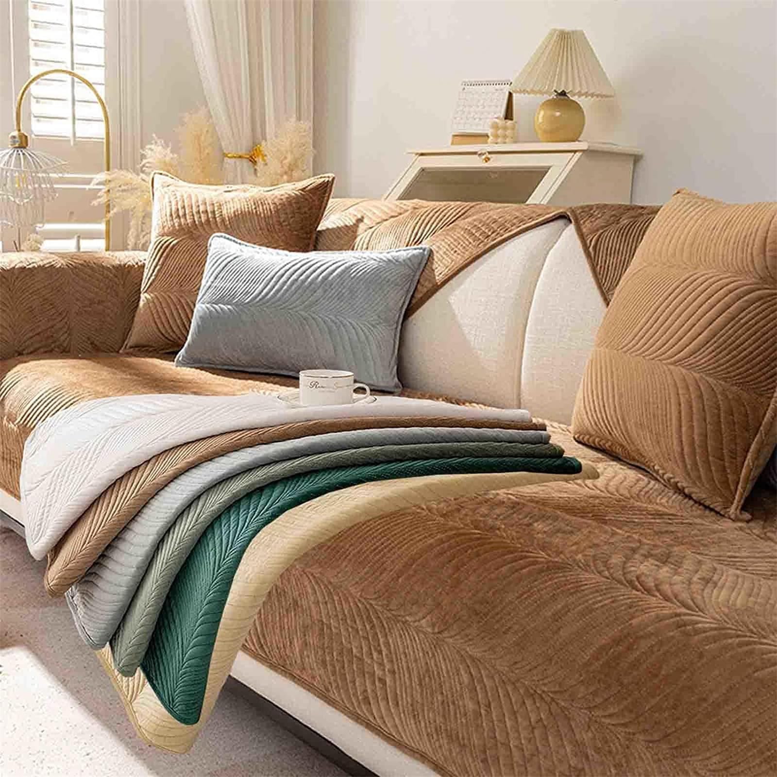 Herringbone Chenille Fabric Sofa Covers, Sofa Cushion Covers, Non-Slip Sofa Cover 1 2 3 Seater Couch Covers for Sectional Sofa, Sofa Slipcovers L Shape Furniture Protector (Camel,90x210cm)