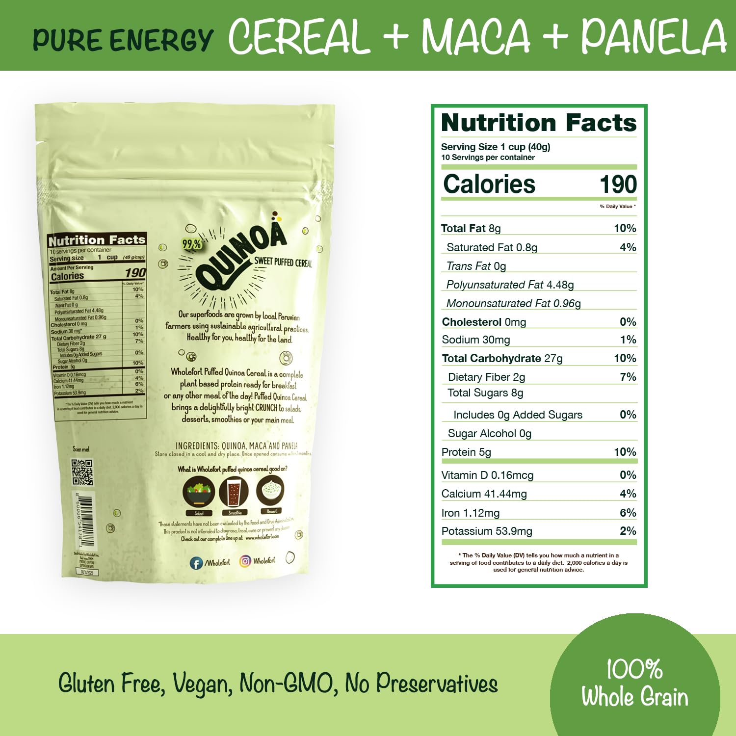 Wholefort Süß geschwollenes Quinoa-Getreide – nur 3 Zutaten: Quinoa, Maca und Panela [9 Unzen] vegan, GVO-frei, glutenfrei, mehr Energie, mehr Fokus