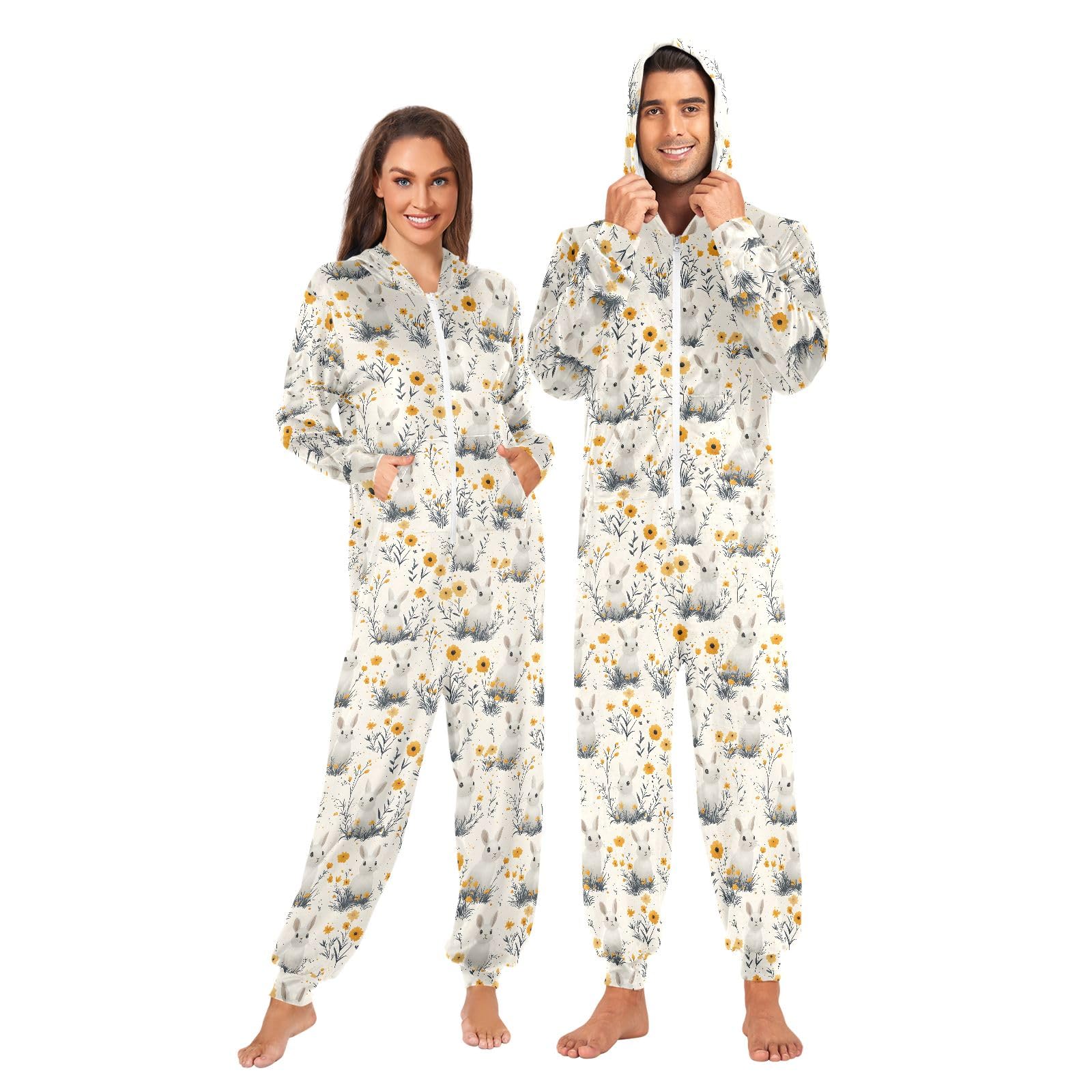 senya Onesie Pajamas Hooded Men Women Jumpsuit Zip Sportwear Adult Cartoon Animal XS Bunny Yellow Flower