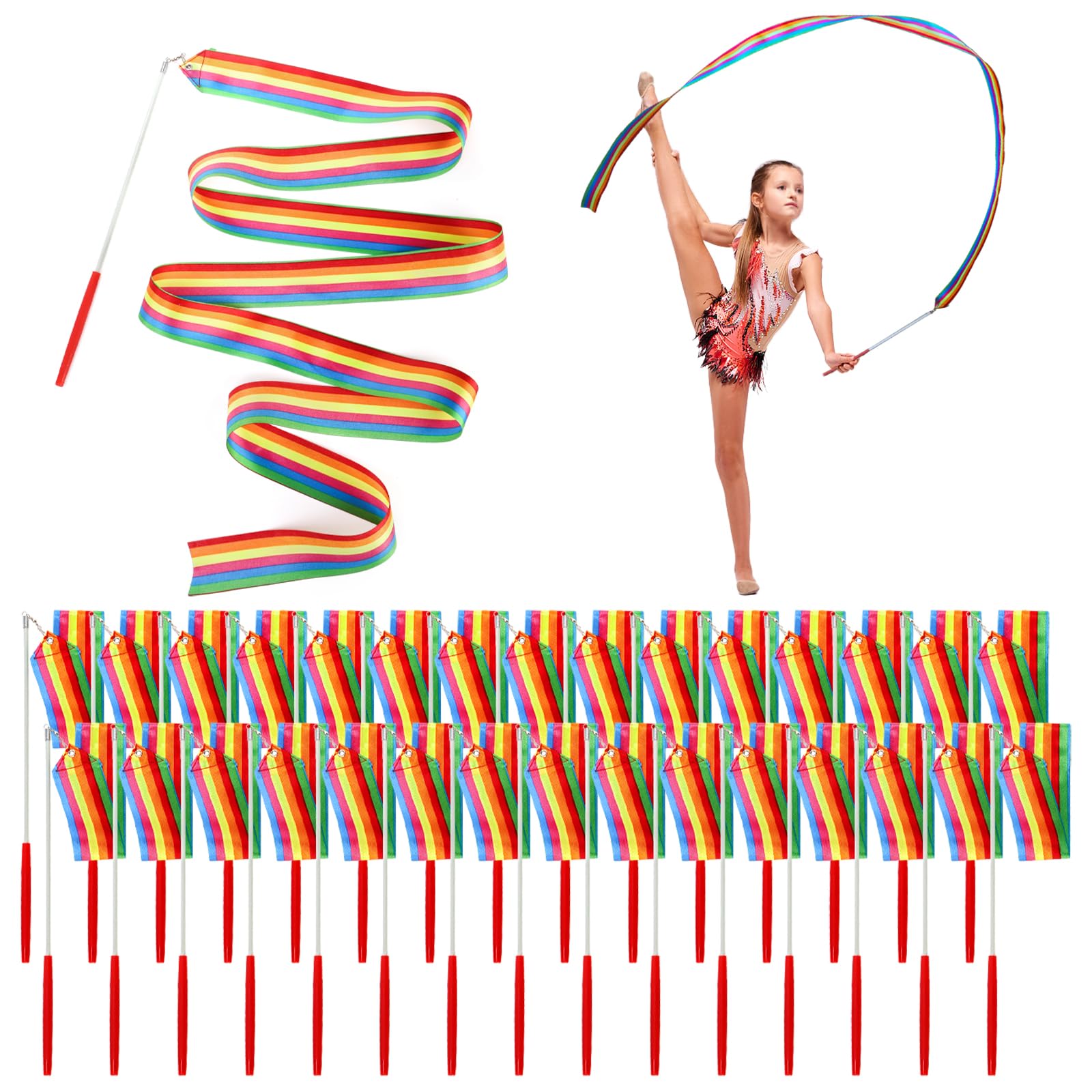 Jucoan 30 Pack Rainbow Dance Ribbons for Kids, 6.6 Ft Rhythmic Gymnastics Dancing Ribbon Streamer Twirling Sticks Flag for Artistic Dancing Show, Christmas Party Favors Gifts