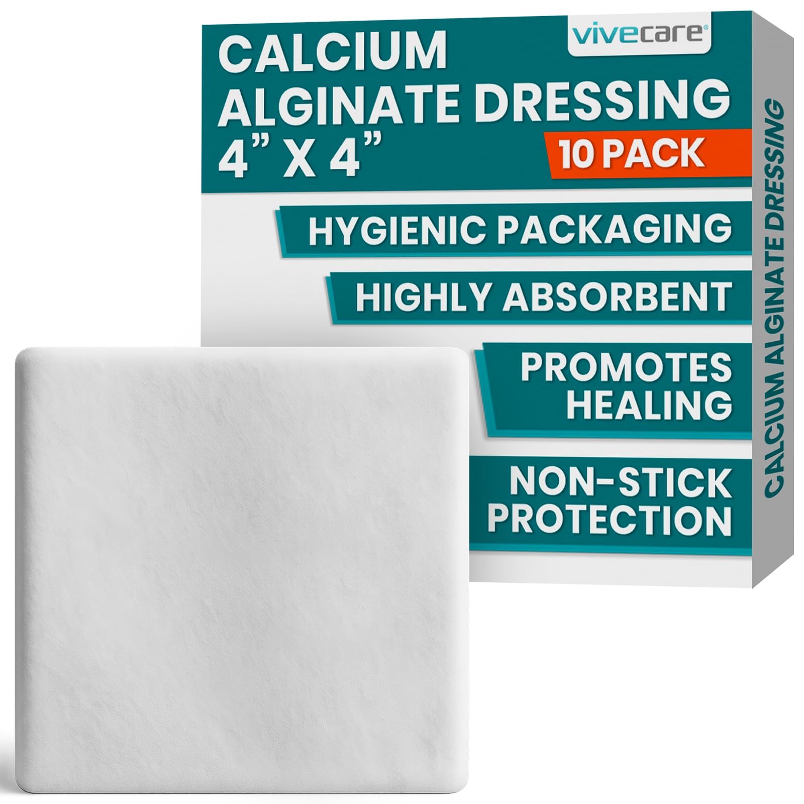 ViveCare Calcium Alginate Wound Dressing 4" x 4" (10 Pack)- Individually Wrapped, Sterile Gauze Pads - Absorbent Sterile Patches for Ulcer, Bed Sore, G Tube, & Diabetic Foot - Non-Stick Burn Treatment