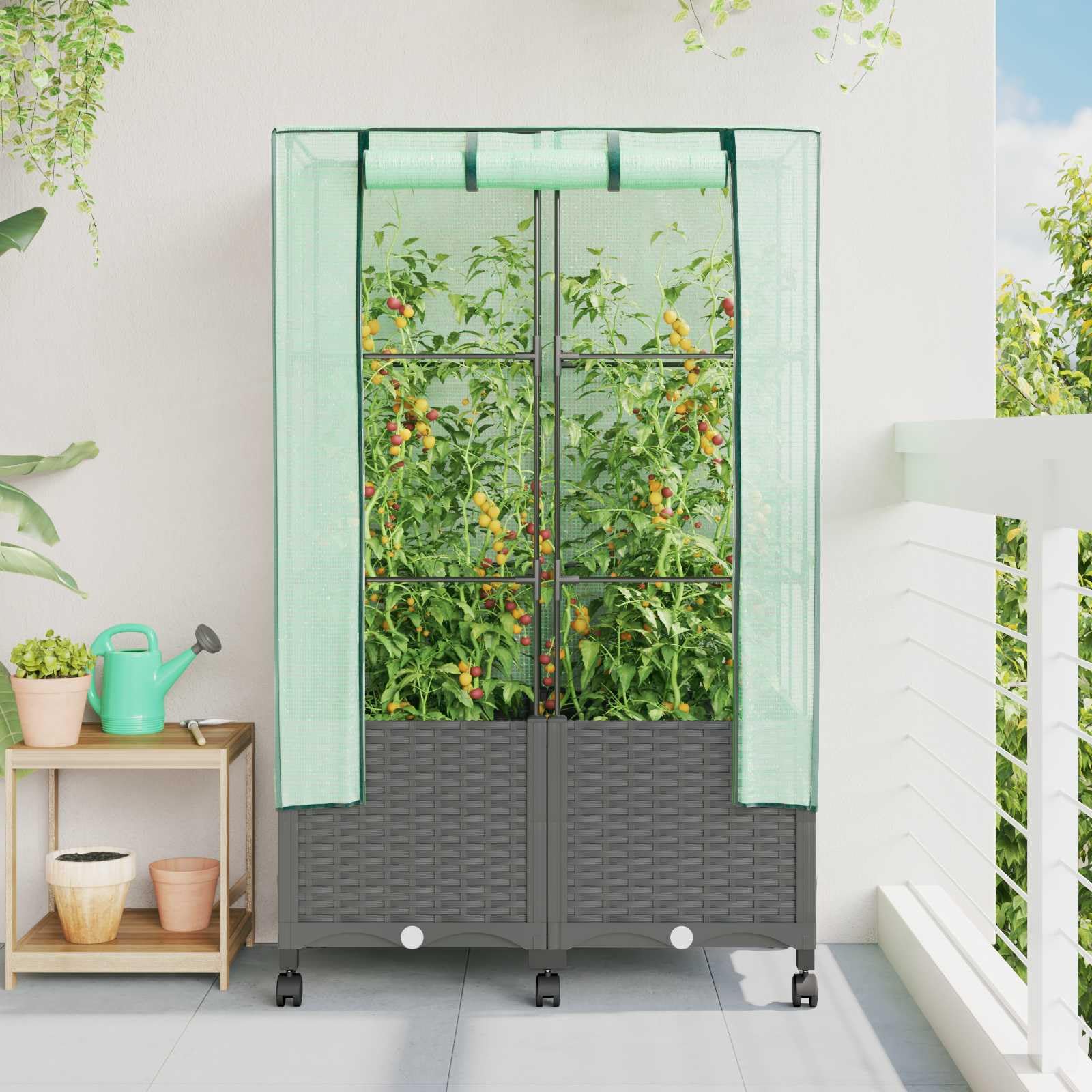 Gartenplanter mit Gewächshausabdeckung und Rädern 2 Stk. PP Rattanoptik