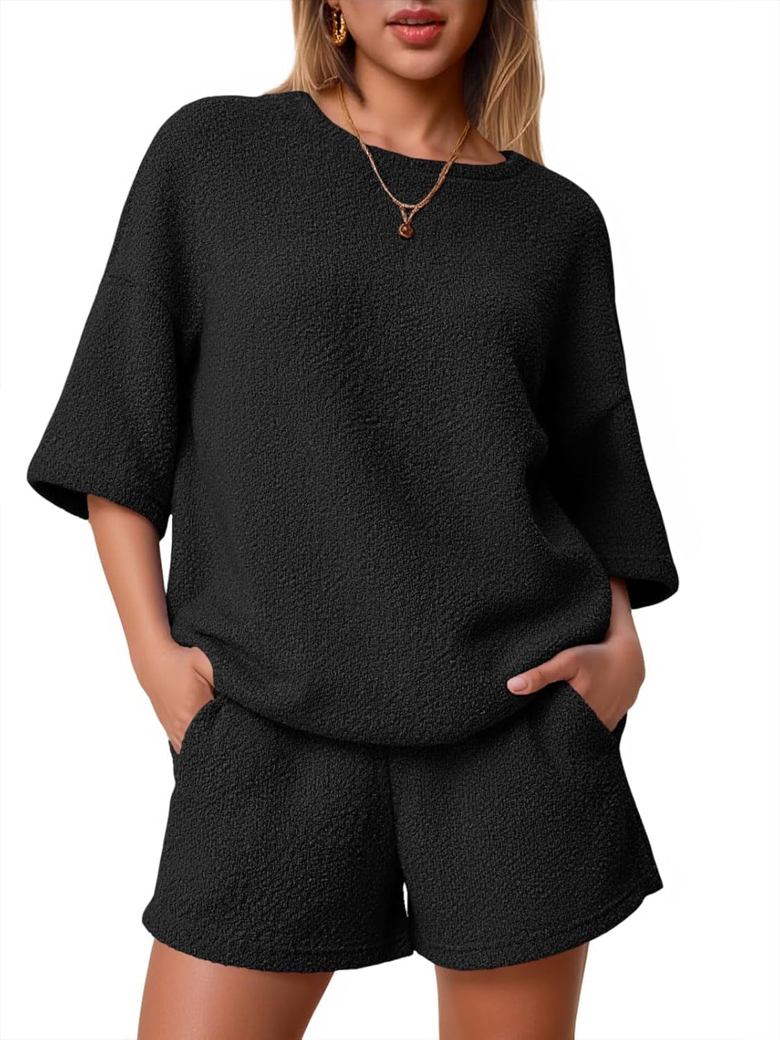 Tankaneo Womens 2 Piece Outfits Lounge Sets 3/4 Sleeve Oversized Tops and Elastic Waist Shorts Pajama Sets Loungewear