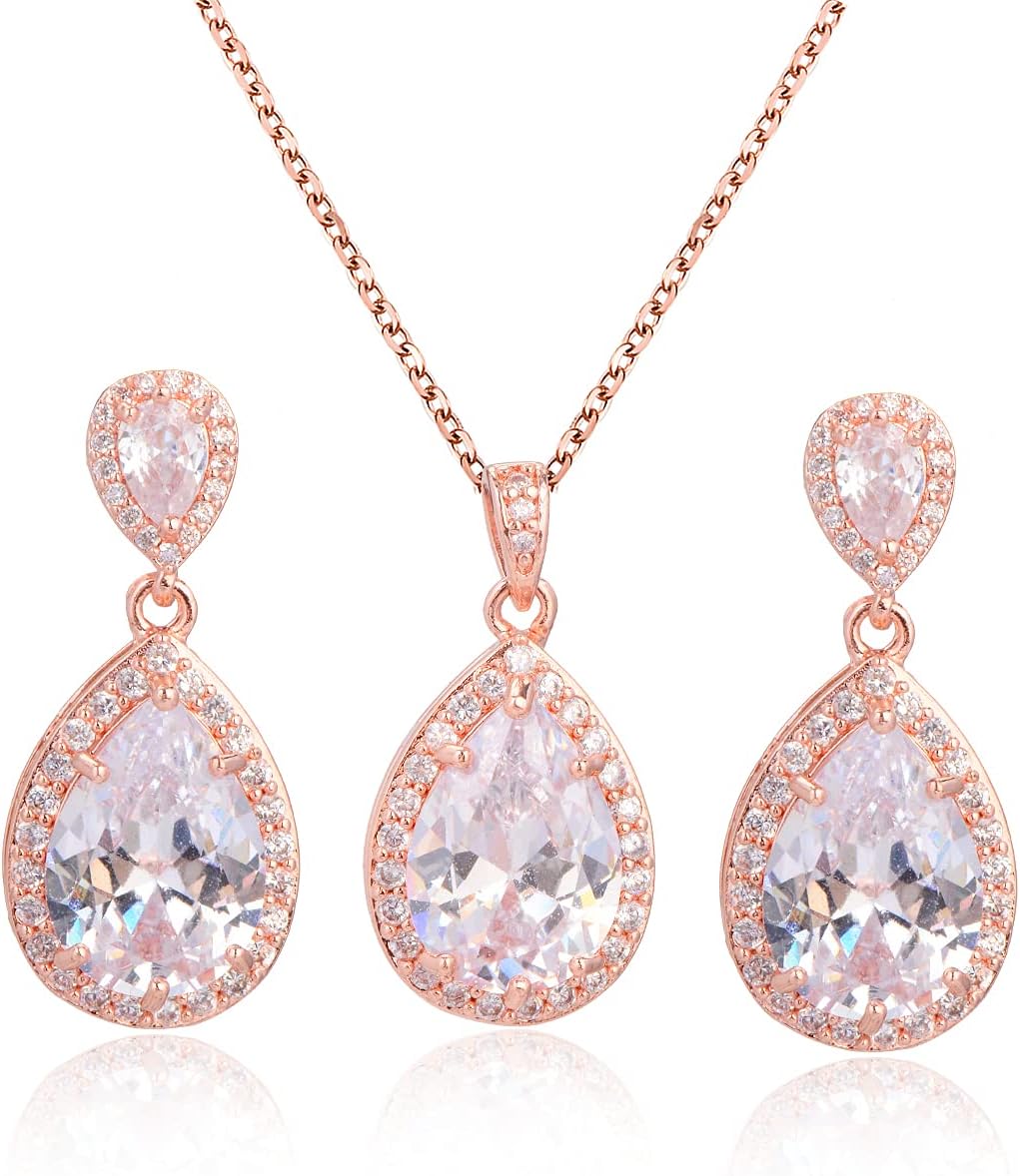Bridal Jewelry Set for Wedding - 18k Plated Teardrop CZ Crystal Cubic Zirconia Rhinestone Necklace Earrings Set for Bride Bridesmaids Mother of Bride Party Prom Birthstone Costume Jewelry