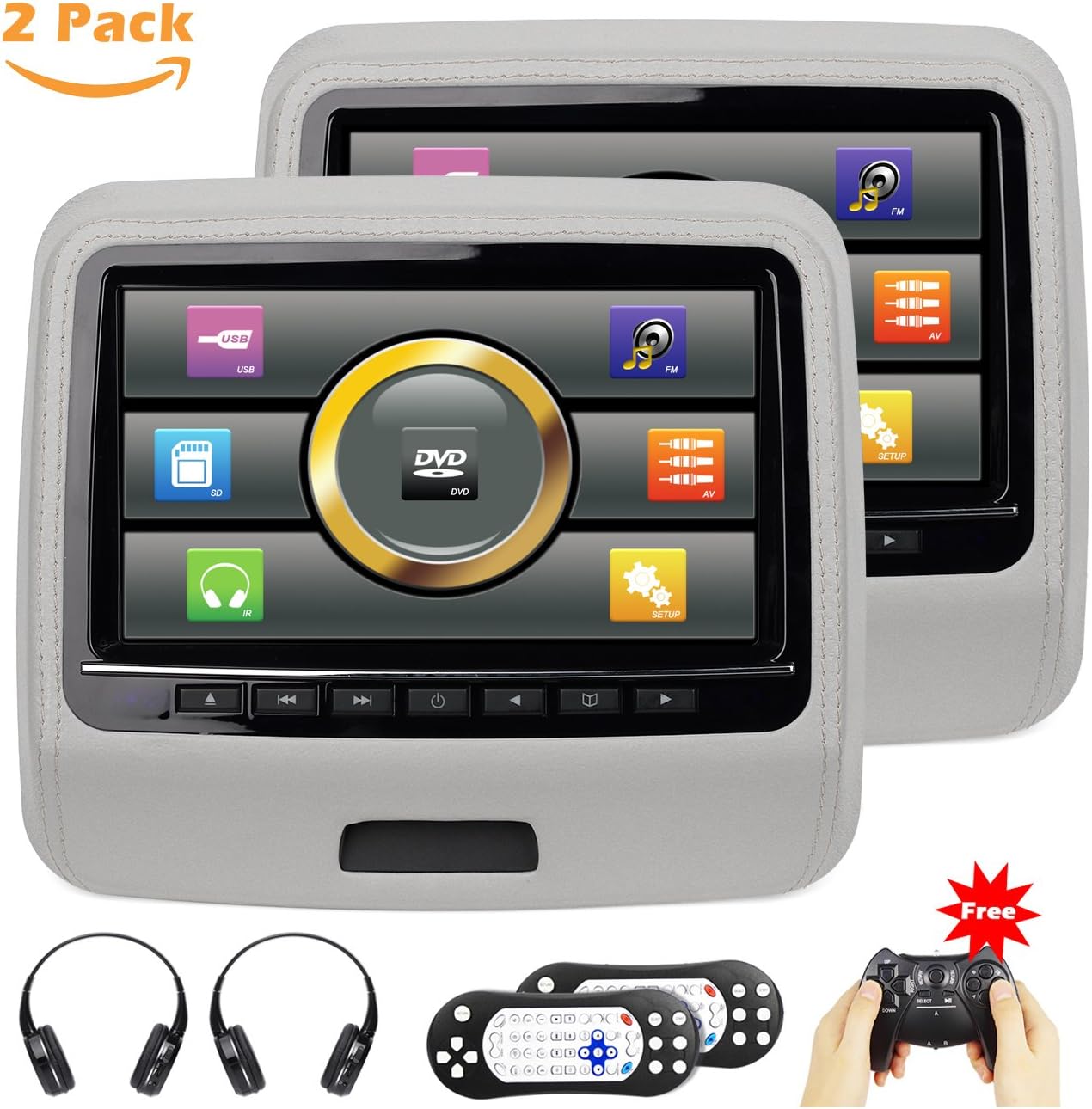 Touchscreen Headrest DVD Player for Car With Leather Cover USB SD 9 inch Screen IR Wireless Headphones HD 1080P Grey Pack of 2