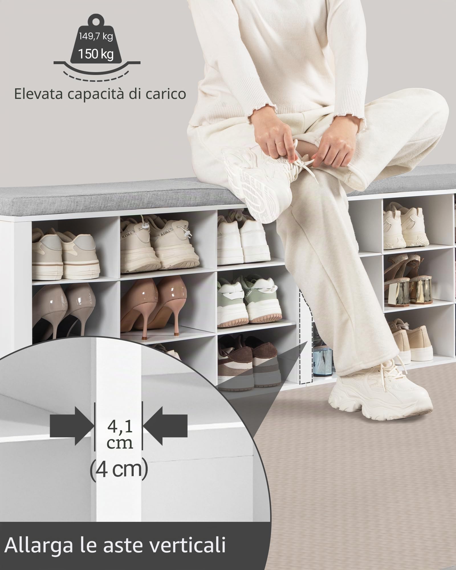 Hzuaneri Panca Scarpiera, 150 cm (w) scarpiera ingresso con Seduta Imbottita e 18 Scomparti, 30 x 150 x 48 cm, per Ingresso, Corridoio, Soggiorno, Camera da letto, Bianco e Grigio SB25703GY