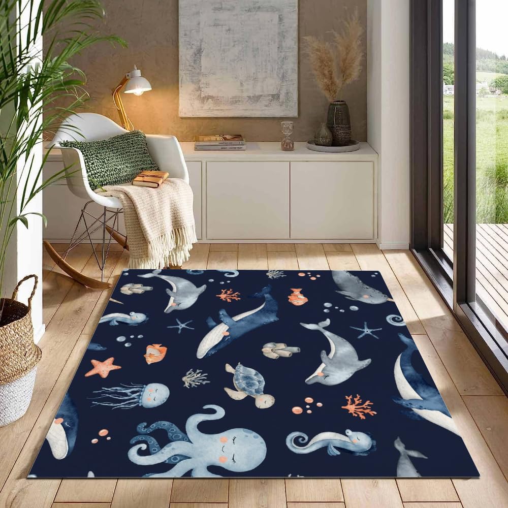 Unterwasserwelt Kurzflor Teppich 3D Ozean Tiere Muster Kinder Teenager Kurzflor Flanell Teppiche rutschfeste Spielteppiche FüR Schlafzimmer Flur Wohnzimmer Boden Teppich 120x160 cm