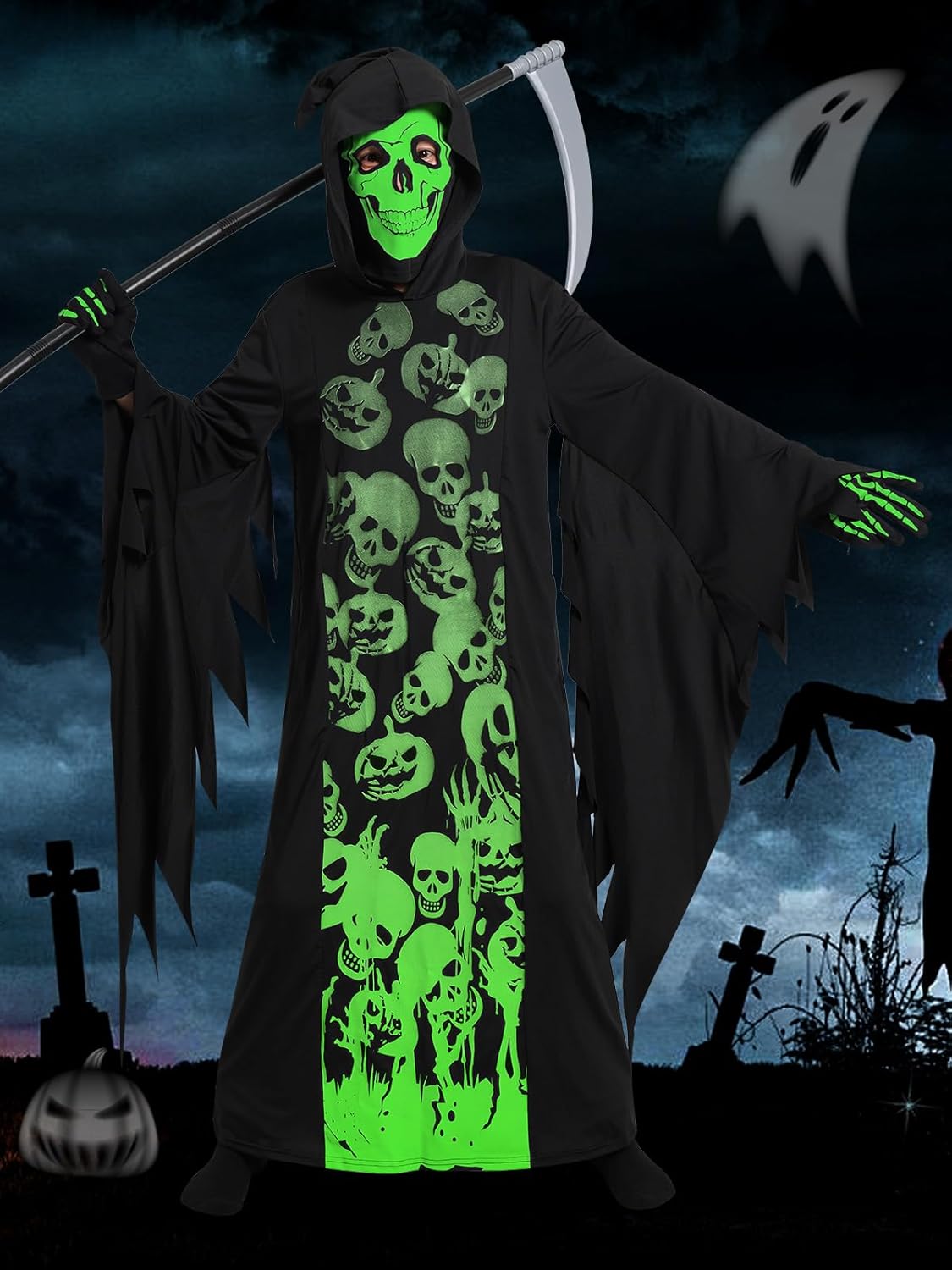 Grim Reaper Costume for Boys Glow in The Dark Halloween Gradient Glowing Robe for Kids 5-14 Years with Mask Toy Scythe - Image 6