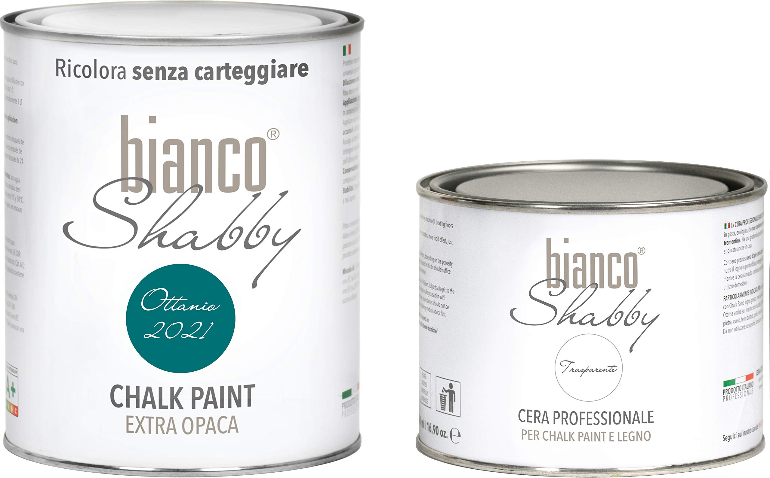 Chalk Paint Ottanio (2021) y cera neutra – Pintura Shabby Chic (1 litro) + cera profesional (500 ml)
