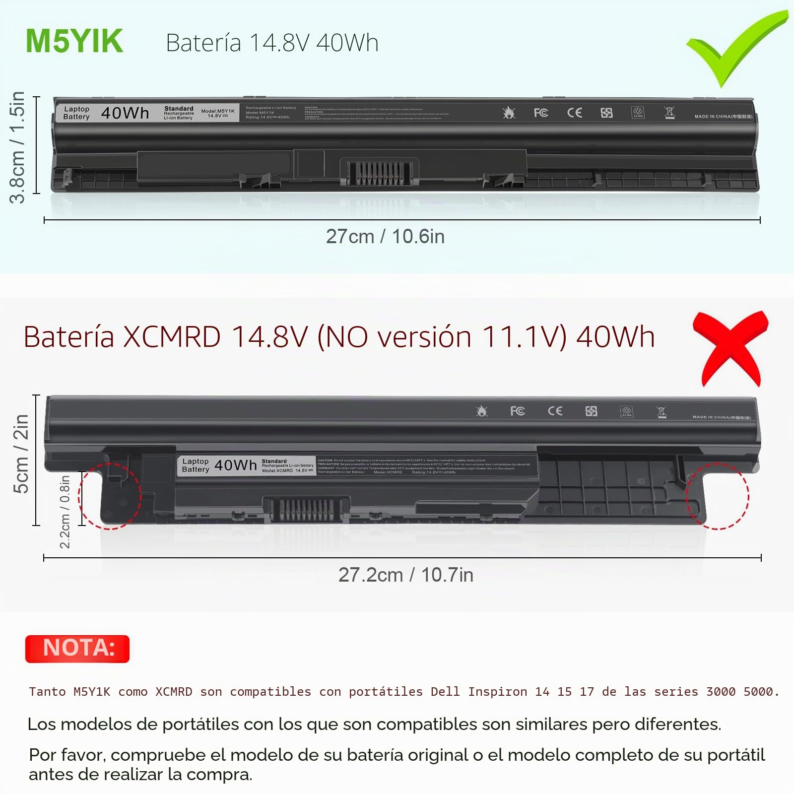 40Wh M5Y1K Batería de portátil para DELL Inspiron 14 15 17 3000 5000 Series 3551 3451 3558 5559 5558 5555 5758 GXVJ3 HD4J0 M5Y1K K185W WKRJ2