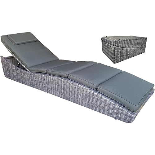 Foldable Outdoor Chaise Pool Lounge Chair Folding Wicker Rattan Sun Bed Patio Couch Reclining Lounger Adjustable Padded Backrest Pillow Assembled - Grey