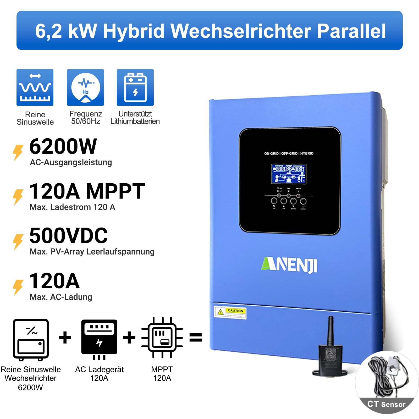 6200W Solar Hybrid Wechselrichter 48V 120A MPPT Parallelfunktion mit bis Arbeitet ohne Batterie, 6200W Solarwechselrichter Reiner Sinus 230V mit 500Vdc PV Eingang & WLAN,für Lithiumbatterien