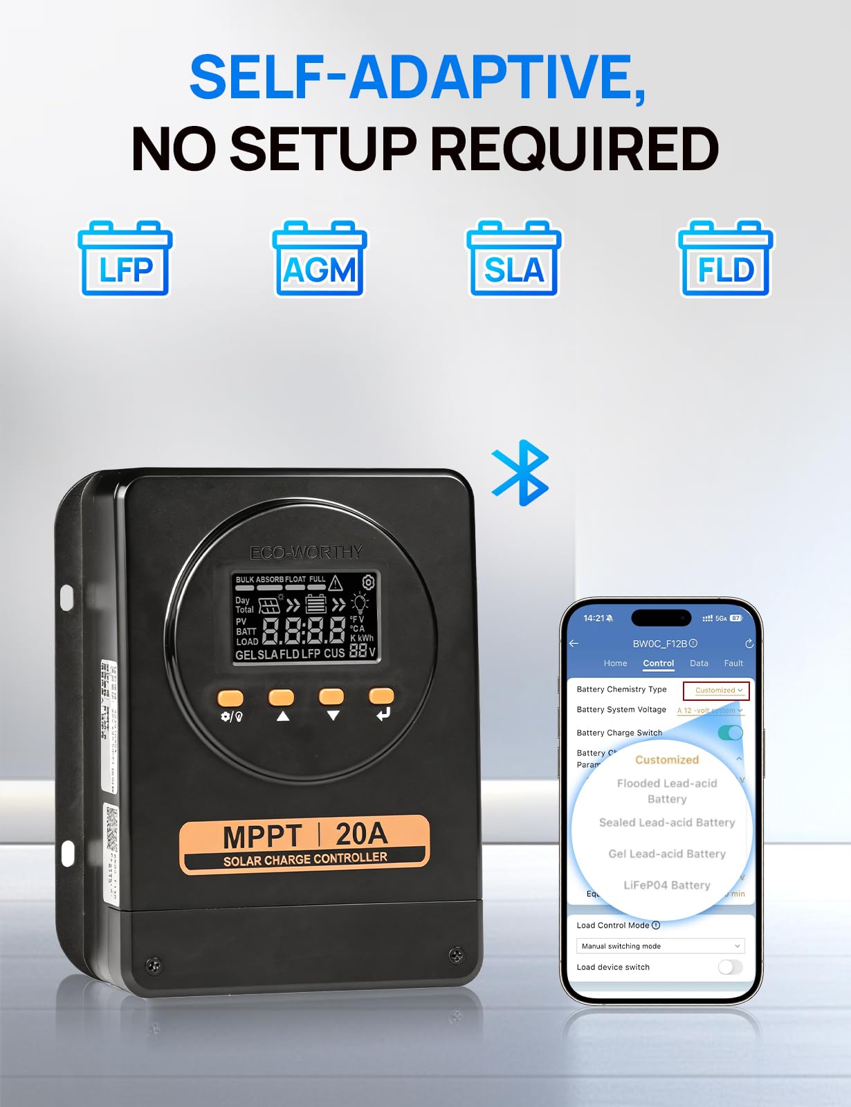 ECO-WORTHY Regulator ładowania MPPT 20 A, 12 V/24 V z automatycznym wykrywaniem, Bluetooth, aplikacją i wyświetlaczem, kompatybilny z akumulatorami ołowiowo-kwasowymi/SLA/FLD/LFP, odpowiedni do