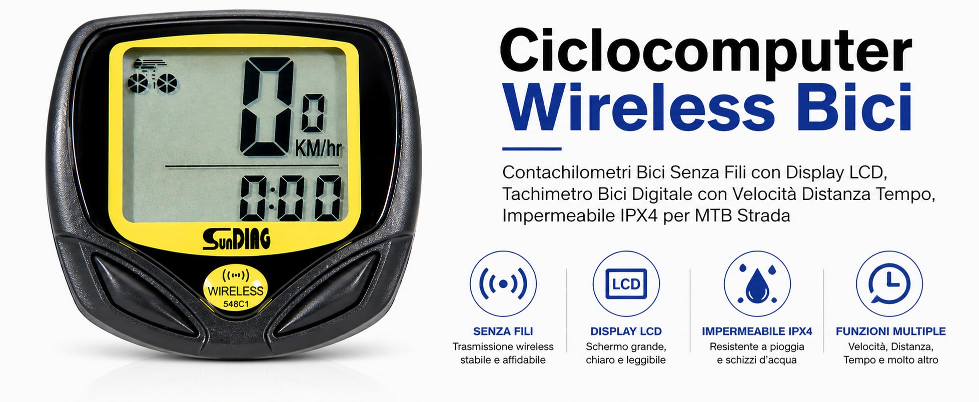 Ciclocomputer Wireless Bici con Display LCD, Tachimetro Digitale Impermeabile IPX4 per MTB Strada