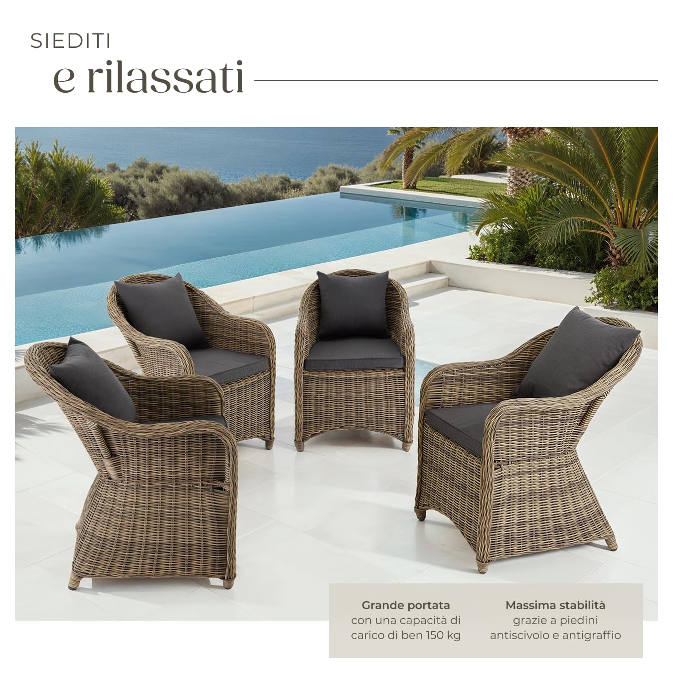 tectake® Set Sedie Deluxe in Polyrattan, 4 Poltrone da Giardino con Telaio in Alluminio, Comodi Cuscini per Seduta e Schienale, Resistente alle Intemperie, Design Elegante - Naturale