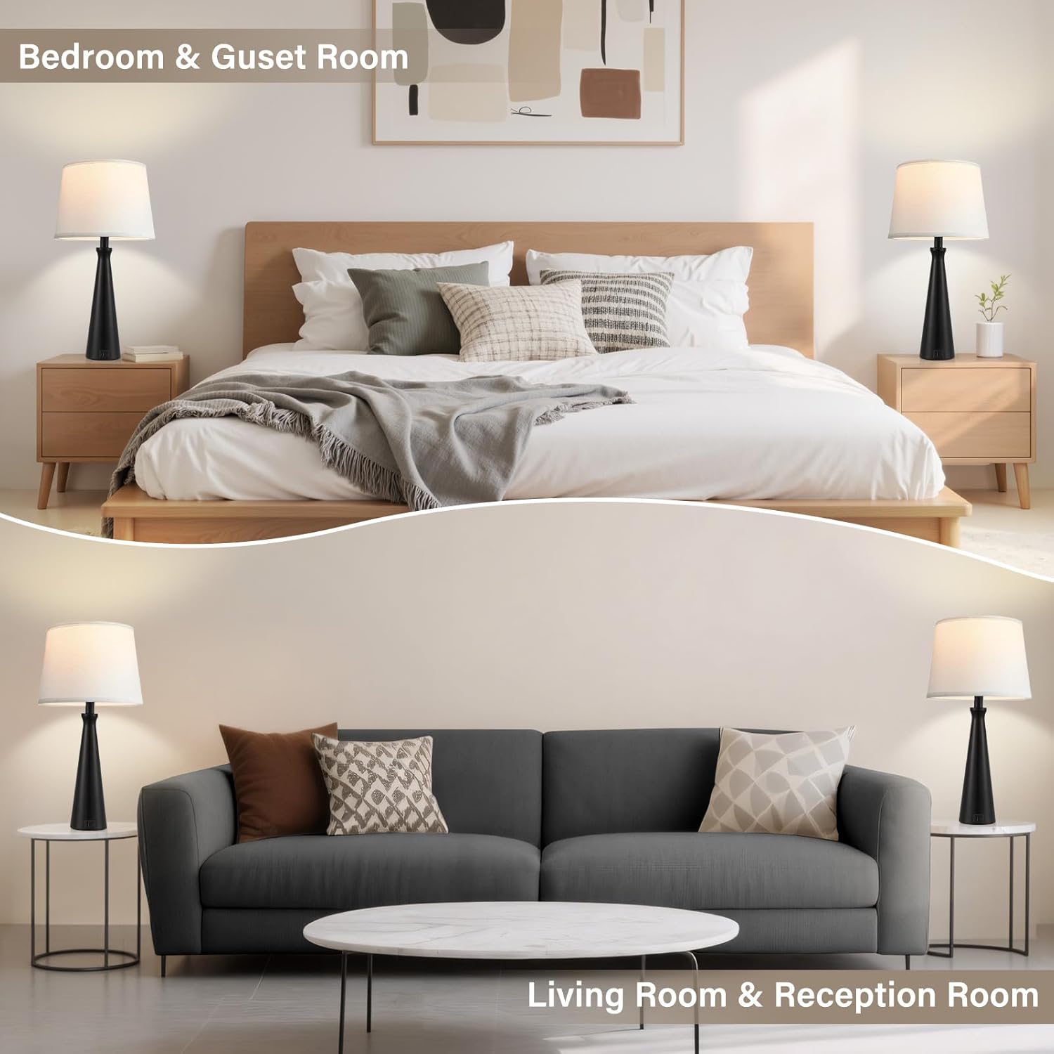 Seealle Modern Table Lamps Set of 2 - Touch Bedside Lamp for Nightstand with USB C+A,3-Way Dimmable Black Nightstand Lamps for Living Room Bedroom End Table(Bulb Included)