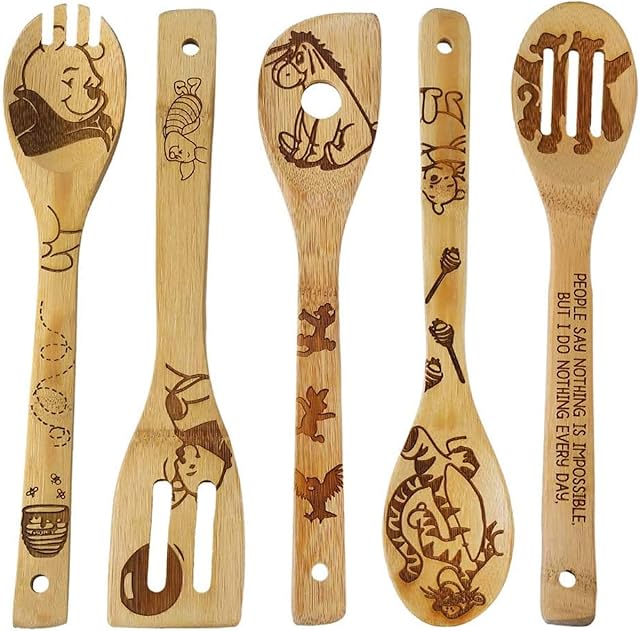 Cartoons Burned Wooden Spoons Set, Cartoons Gift Cooking Utensils Set, Non-Stick Cookware Set, Fun House Warming Present 5 Pieces (Bear-5Piece)