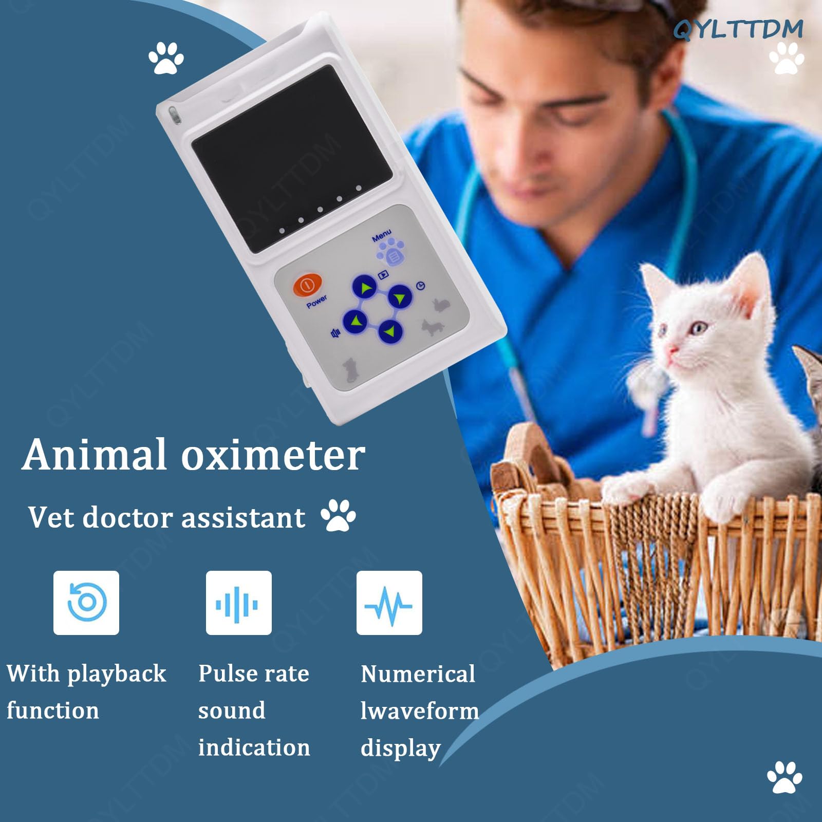 Pulsossimetro Veterinario Portatile con Display A Colori, Sensore Auricolare/Lingua del Monitor della Frequenza Cardiaca, con Sonda E Cavo USB, Funzione di Archiviazione E Riproduzione