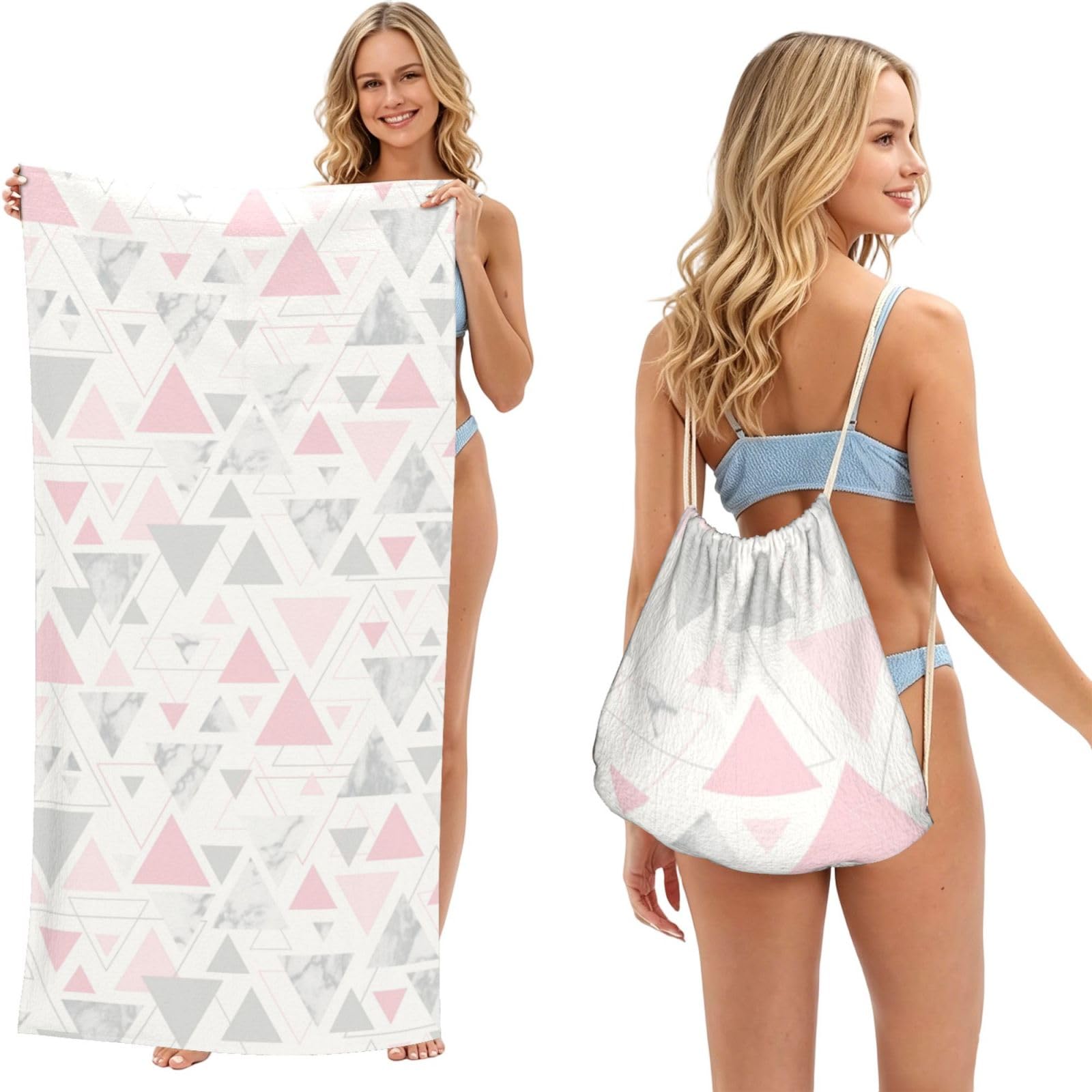 Poadnly As Picture Pink Grey Silver Geometric Triangle Marble, 2 In 1 Packable Towel Bag, Beach Towels With Drawstring Backpack For Travel Holiday Camping