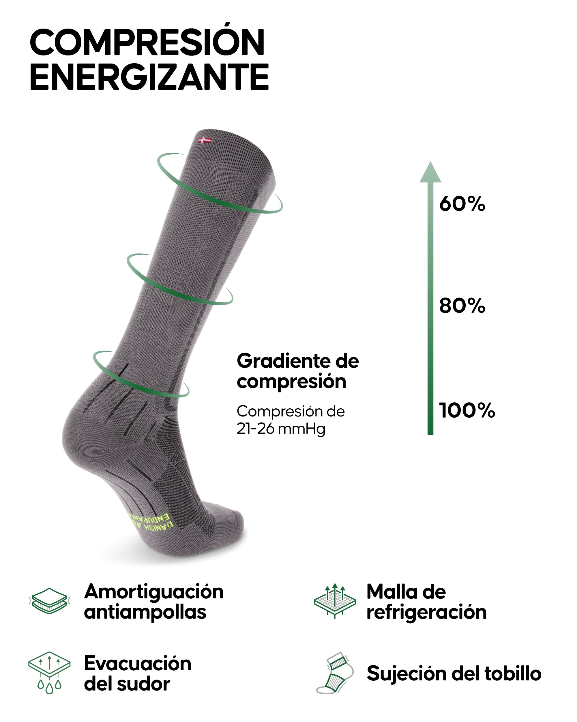 DANISH ENDURANCE Calcetines de Compresión, 1 y 2 Pack Gris/Negro 39-42
