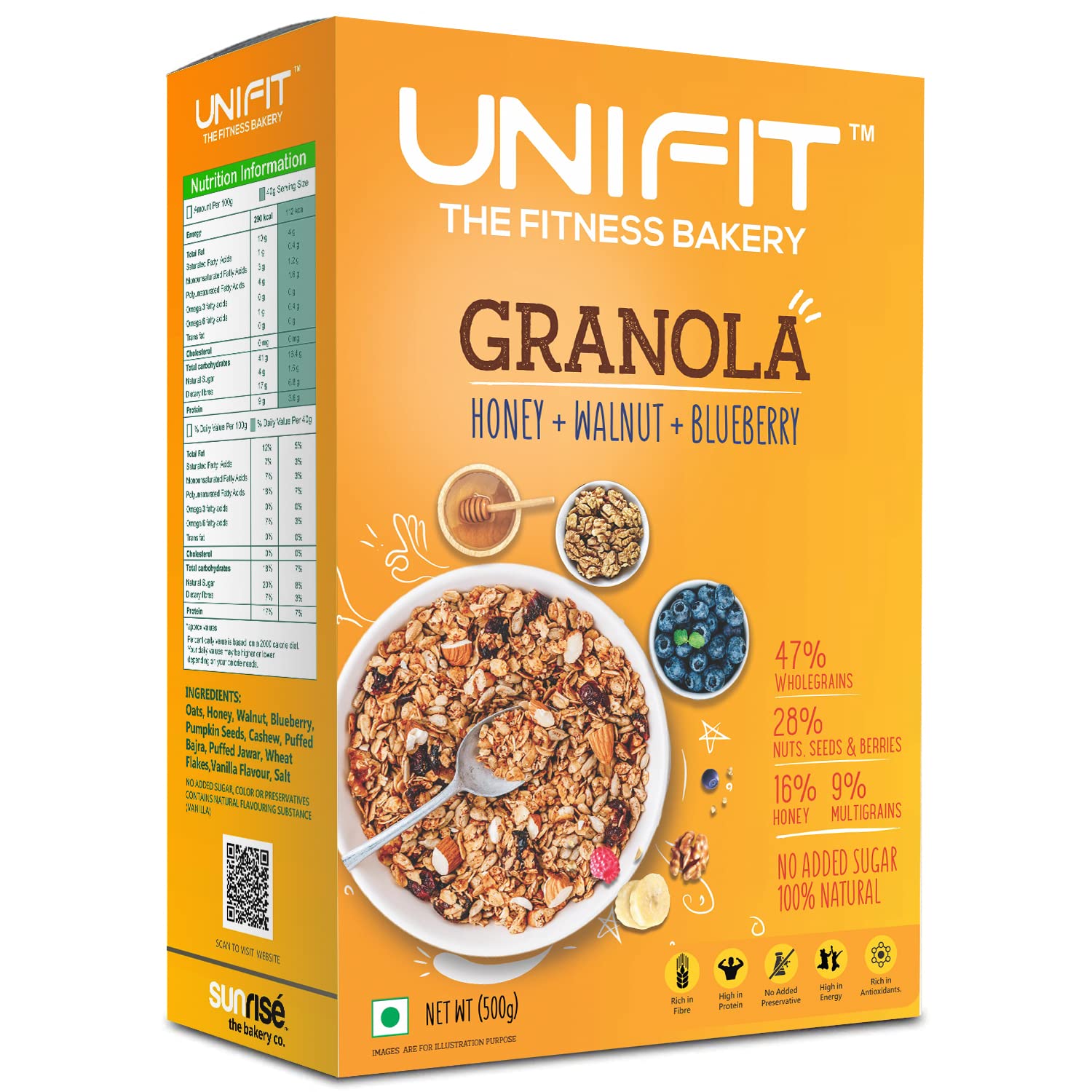 UNIFIT Instant Baked Crunchy Granola | Wholegrains, Honey, Nuts & Dried Fruits | Healthy Ready-to-Eat Oat Cereal with Walnuts & Blueberries | Delicious Diet Snack | 500g