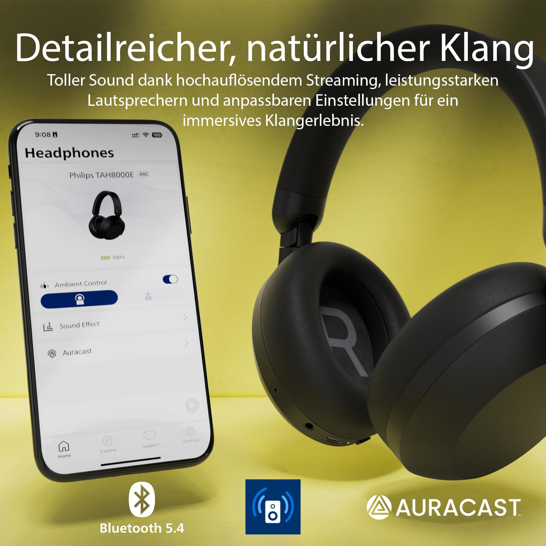 Philips TAH8000EBK/00 kabellose ohraufliegende Bluetooth-Kopfhörer – Geräuschunterdrückung, 70 Stunden Wiedergabezeit, mit Sprachassistent kompatibel, ideal für Reisen – Schwarz