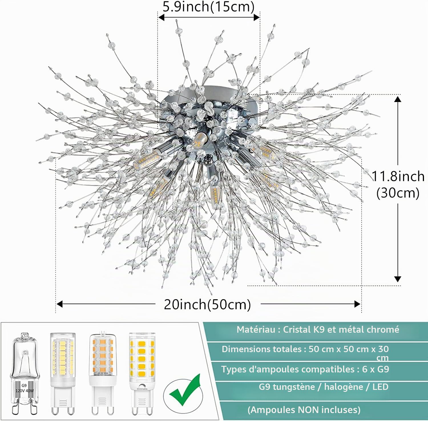 Rayofly Plafonnier moderne en cristal pour salon, feux d'artifice chromés K9 cristaux, plafonnier, 6 G9, lustre pour chambre à coucher, salle à manger, couloir