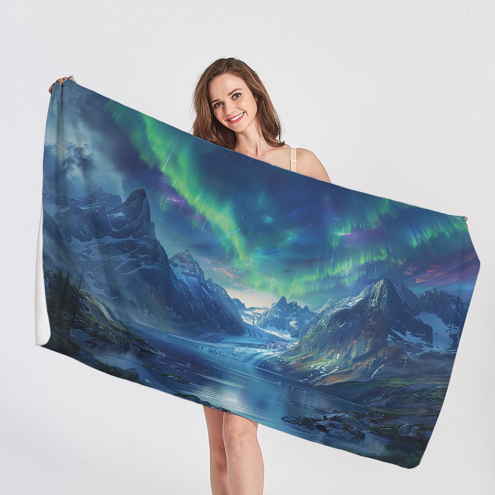 Mountain Aurora Borealis Beach Towel, Microfibre Towel, Landscape Beach Towels, Quick Dry & Sand Free & Lightweight & Super Absorbent Towel for Travel, Gym, Bath, Swimming, Beach Blanket, 100 x 180 cm