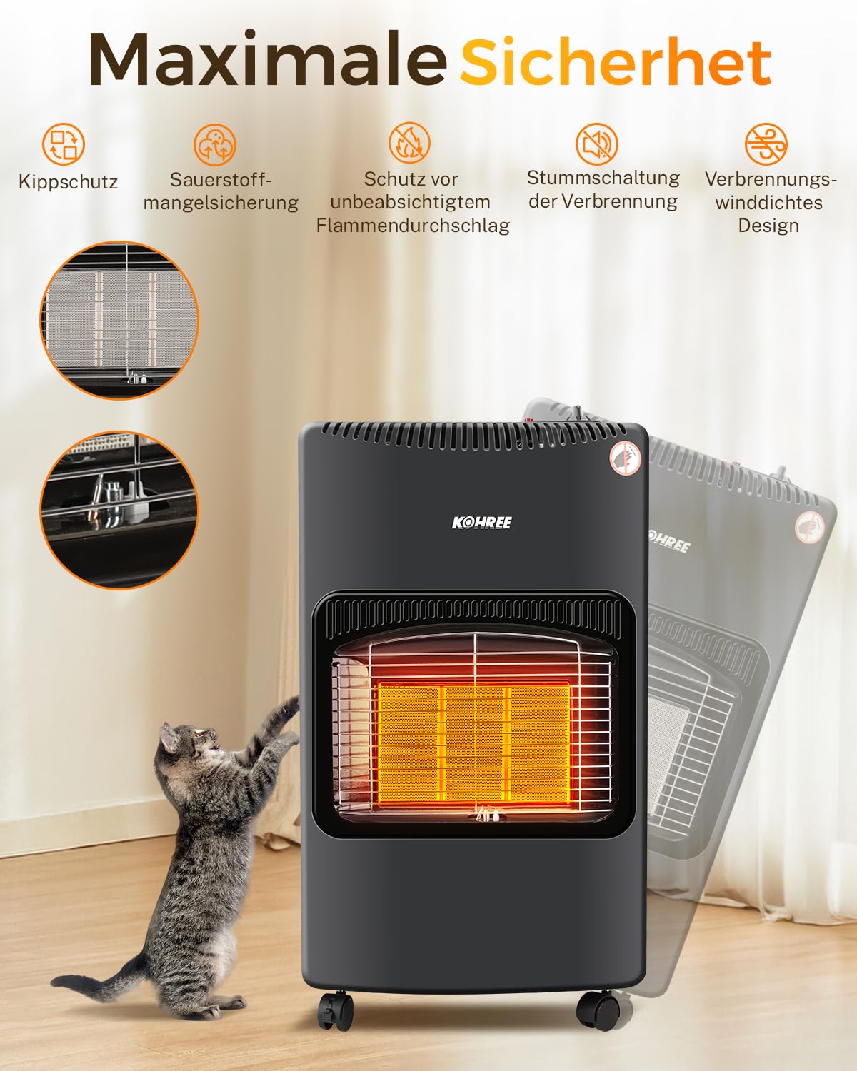 Kohree 4200 Watt Keramik Gasheizer, Gasheizung Dreifacher Sicherheitsschutz, Gasheizofen, Heizstrahler Gasheizgerät, inkl. Gasdruckregler Gasschlauch Schutzhülle Butan- oder Propangasflaschen bis 15kg