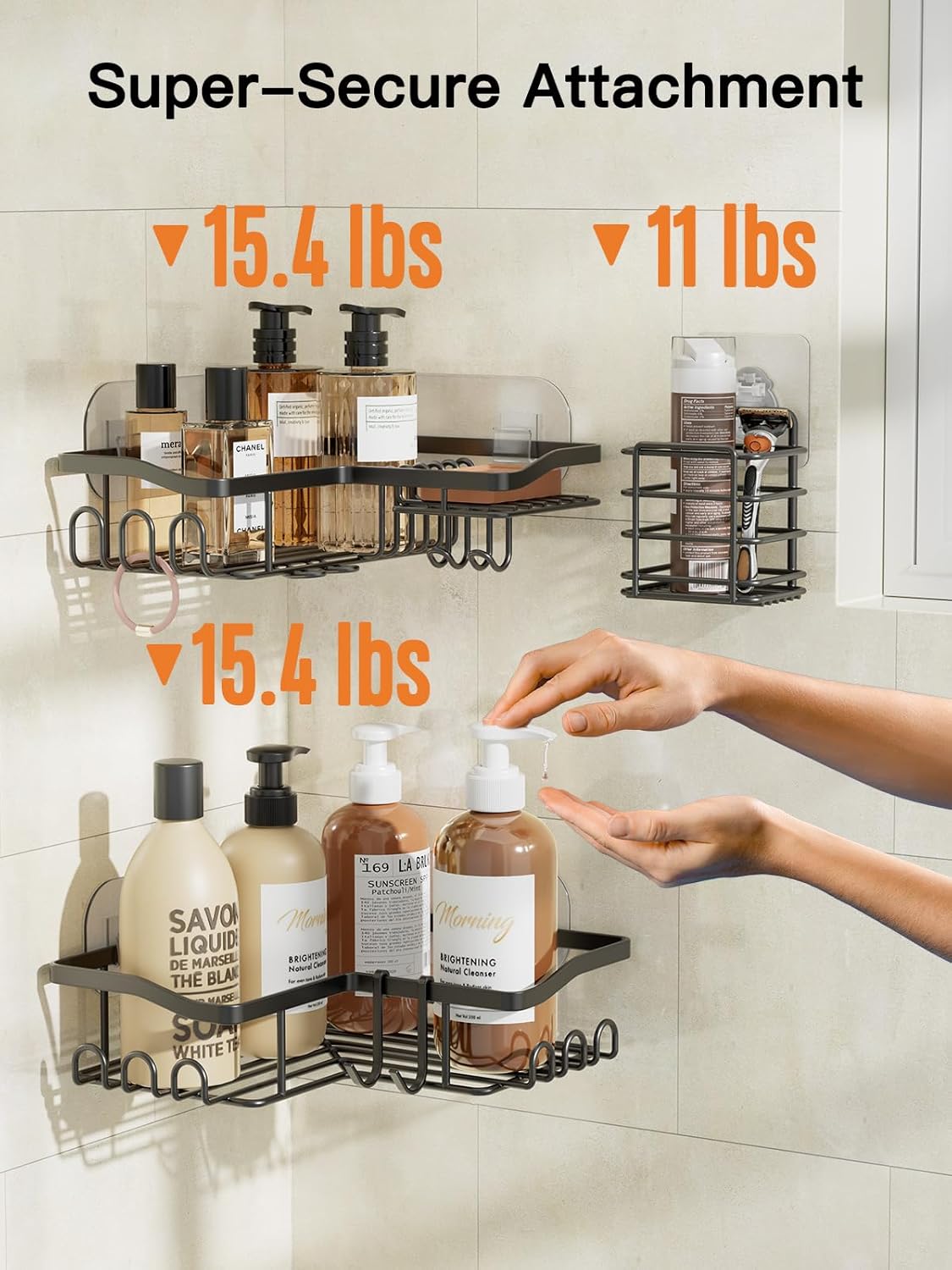 AMADA HOMEFURNISHING 3 Pack Corner Shower Caddy, Adhesive Shower Organizer with Soap Holder, Toothbrush Holder and 15 Hooks, No Drilling Rustproof & Waterproof Shower Shelves for Bathroom, Black