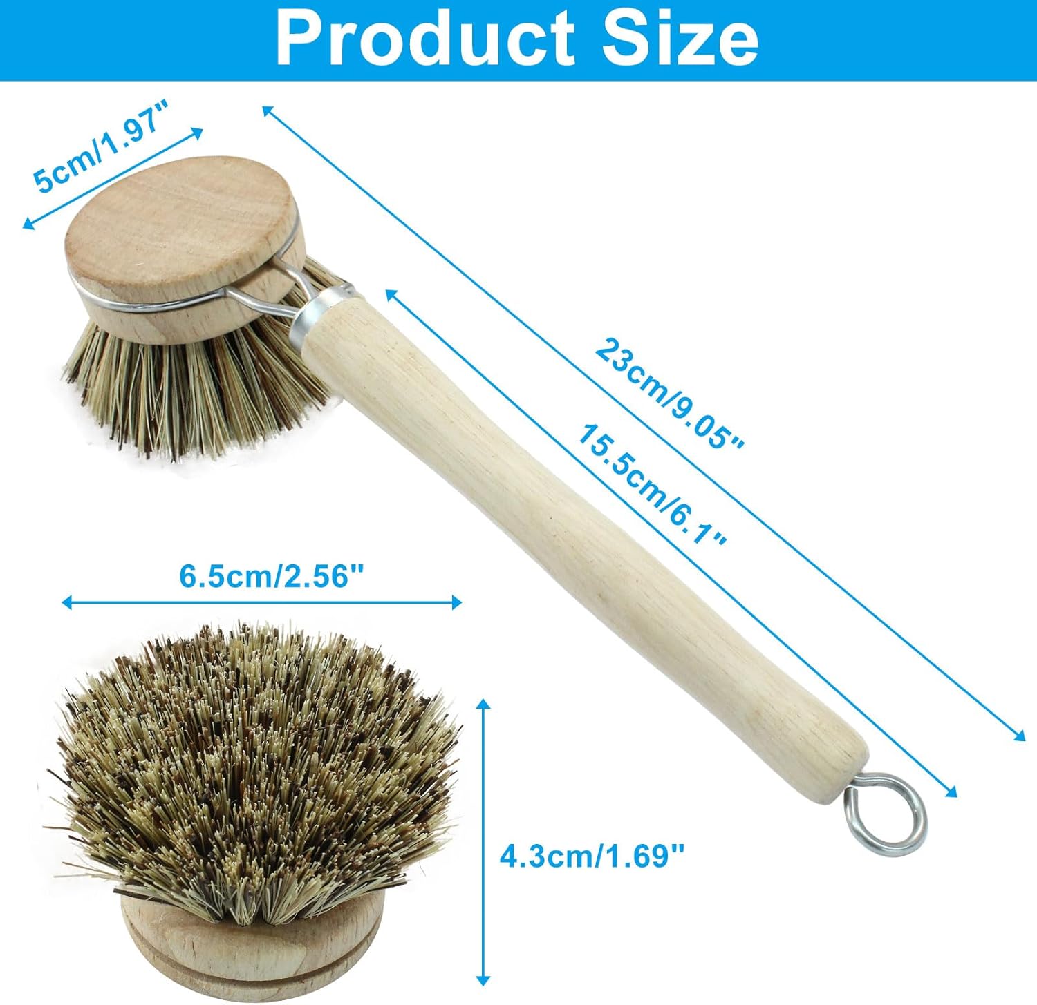 木製食器クリーニングブラシセット キッチンクリーニング用品用 木製ハンドル付きディッシュブラシ1本 交換用ヘッド8個 (手のひら毛)