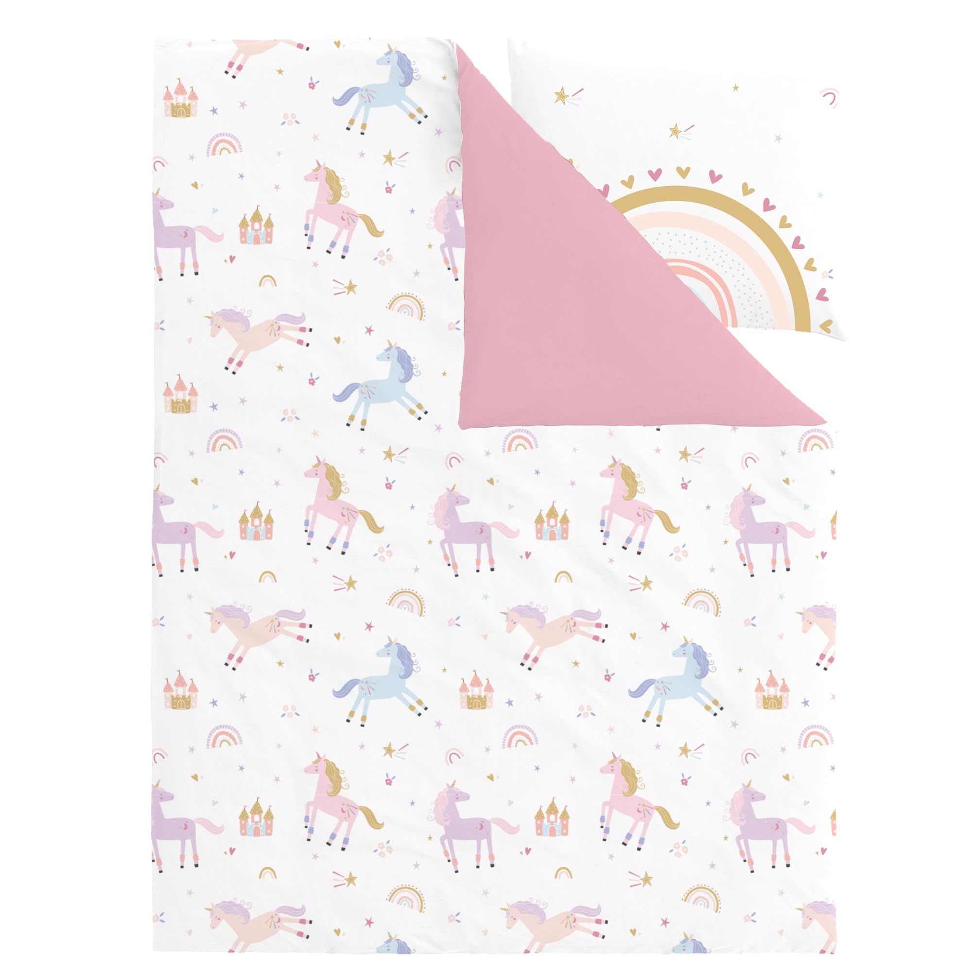 Fekohipy Einhorn Bettwäsche 135x200 Mädchen Kinder Rosa für Kinderzimmer | Regenbogen 3D-Druck Mikrofaser Bettbezug mit Reißverschluss und 1 Kissenbezug 80x80cm 2-teilige Kinderbettwäsche-Set