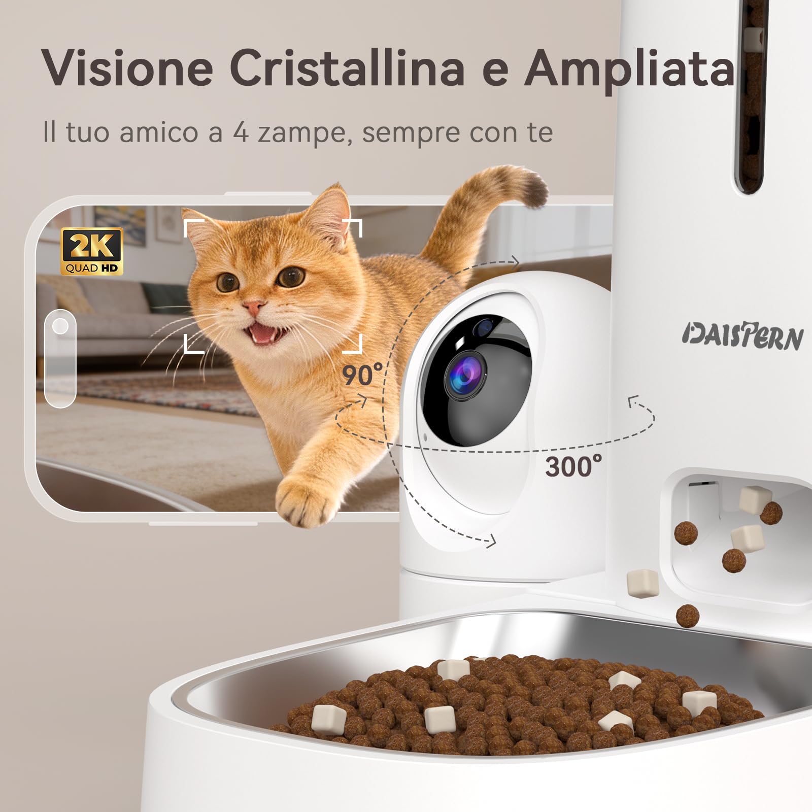 DAISTERN Distributore Automatico Cibo WiFi per Gatti e Cani con Telecamera HD 1080P, Dispenser Crocchette con Camera Rimovibile, Visione Notturna, Supporto 2,4G/5G, AI Funzione, Tuya App