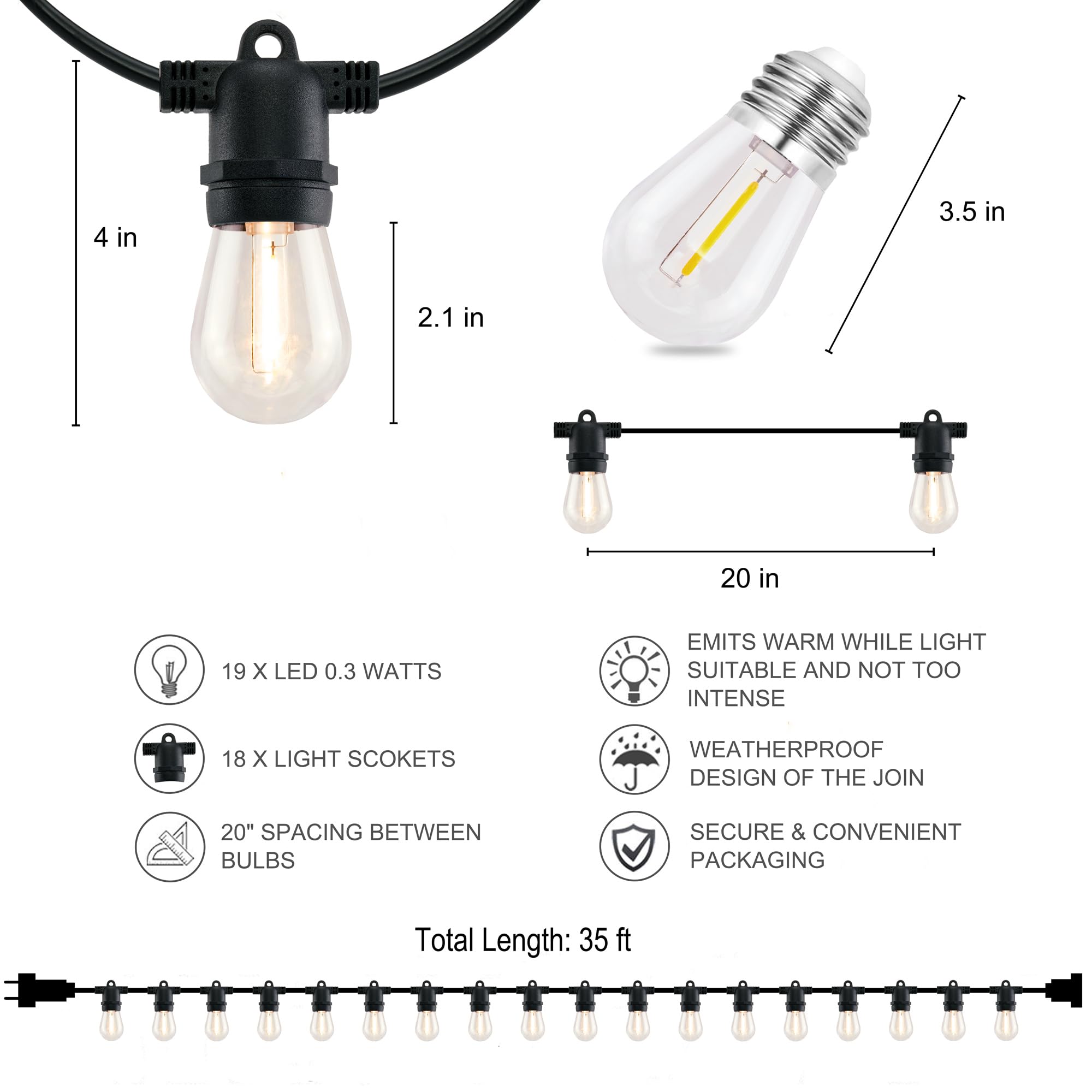 Condition photo showing New/Like New for yuletime 35 feet 18 sockets patio string lights with led bulbs, weatherproof backyard light bistro lights (18 lights - plug-in)