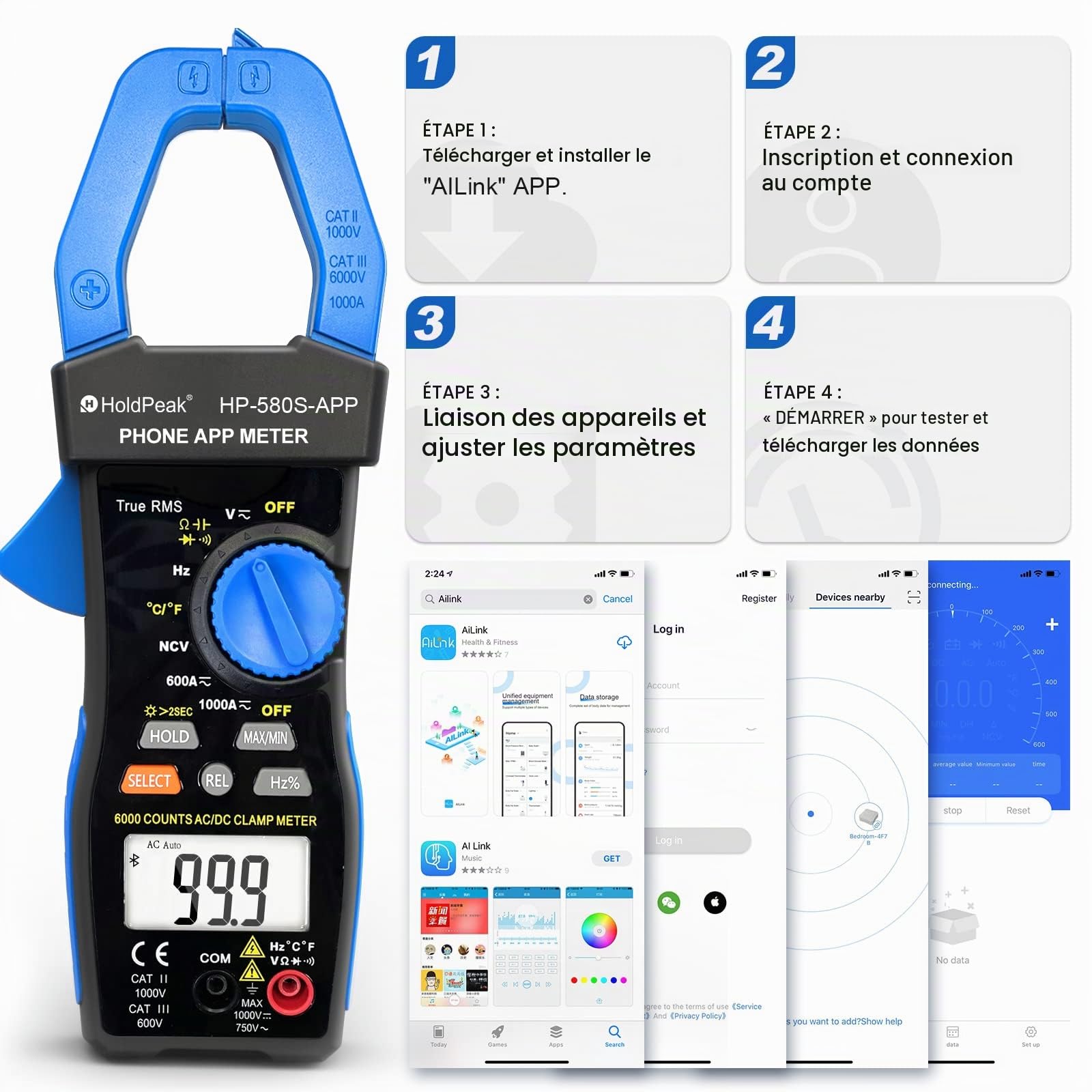 Pince Ampèremétrique Numérique HoldPeak avec APP Connect, TRMS 6000 Points Multimètre HP-580S Auto Ranging, NCV 1000A AC/DC Volt ohm Résistance Capacitance Continuité Température Diode