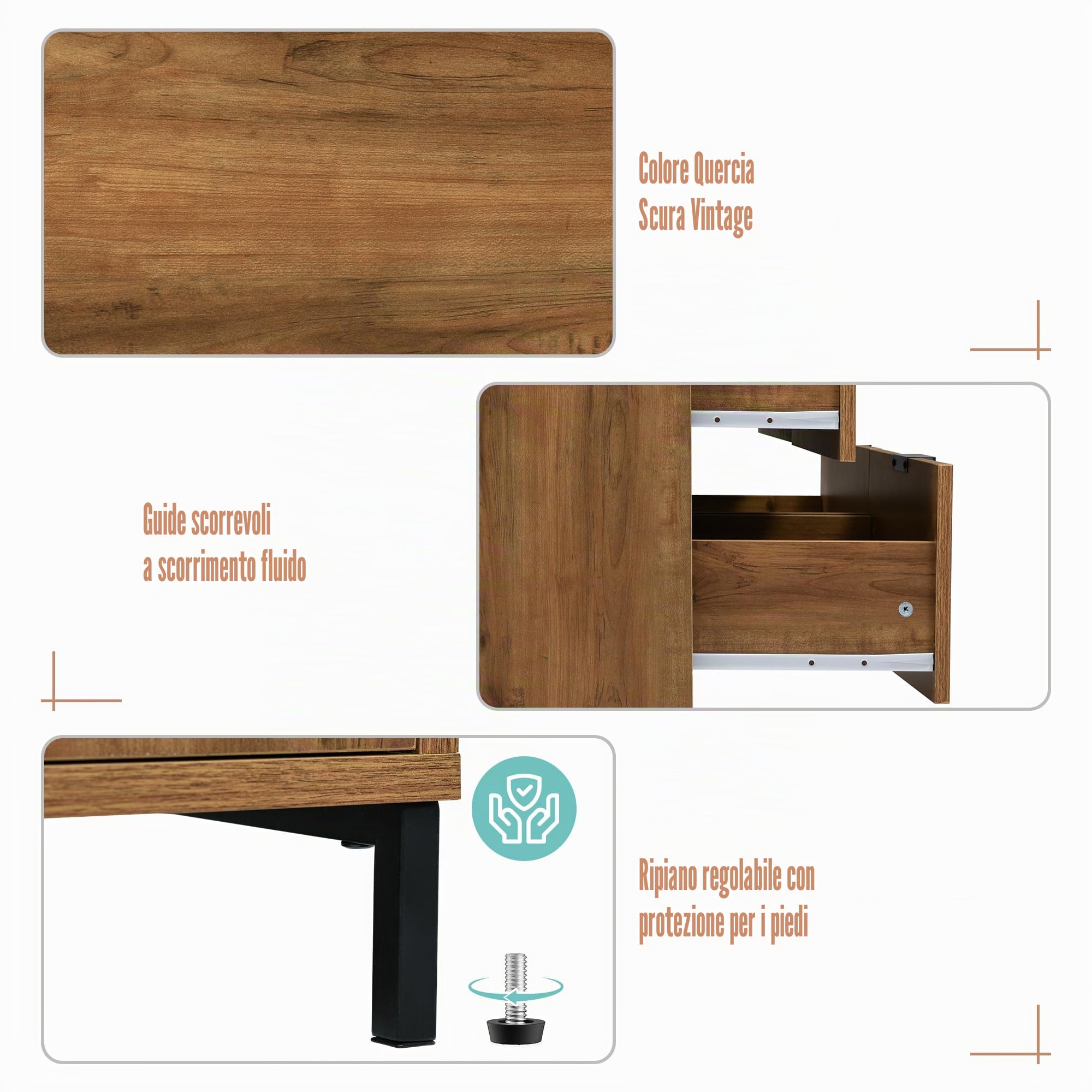 Cassettiera con 6 cassetti, 120 x 40 x 76 cm, in rovere scuro, credenza per camera da letto e tutti gli spazi abitativi