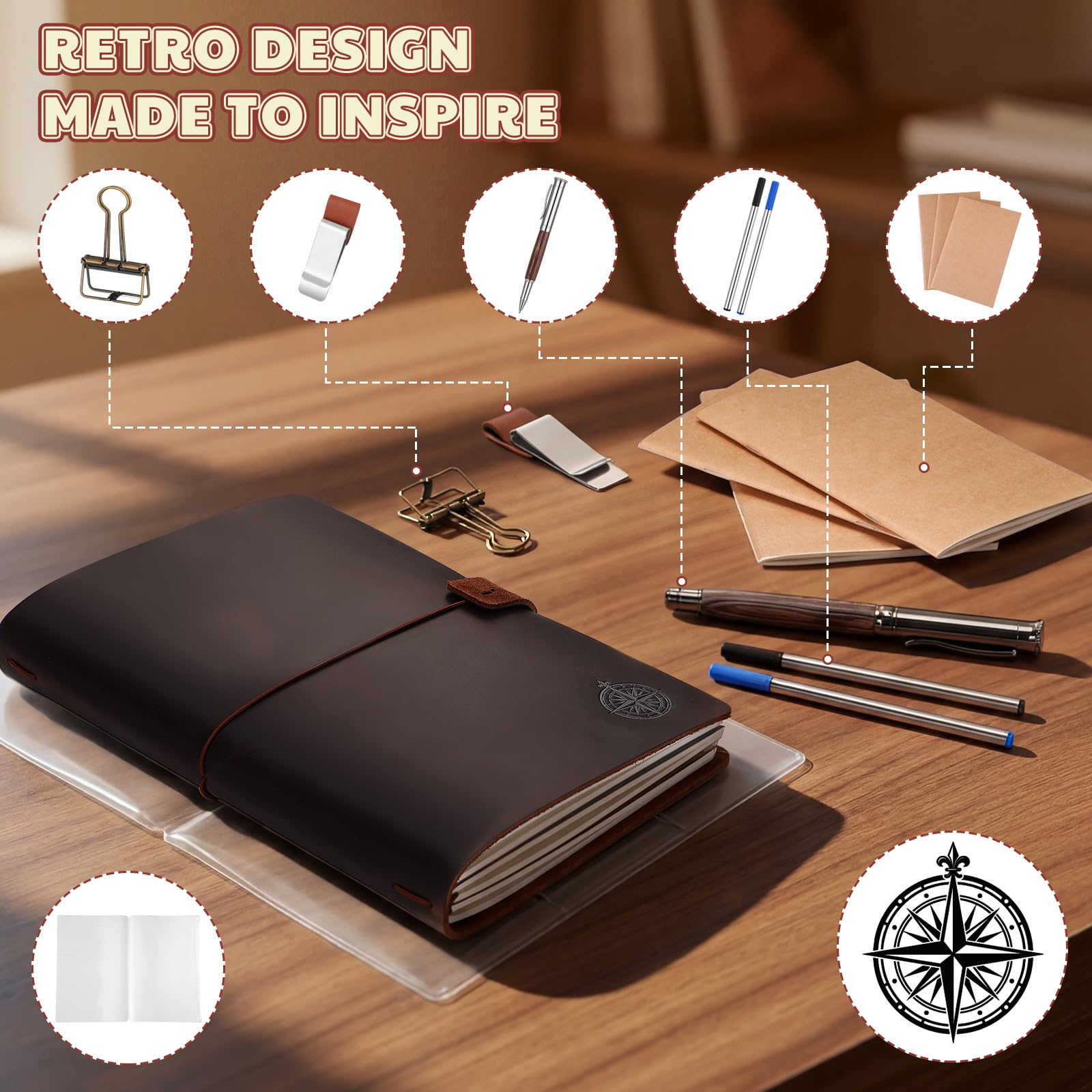 Thenshop Diario de viaje de cuero recargable, hecho a mano, para hombres y mujeres, con 3 insertos para cuaderno, soporte para bolígrafos, clip para carpeta
