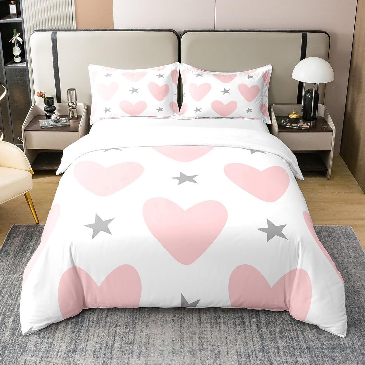 Girls Cute Love Heart 100% Cotton Duvet Cover Single Size Lovely Warm Sweet Comforter Cover Set Star Love Heart Pattern Pink White Bedding Set