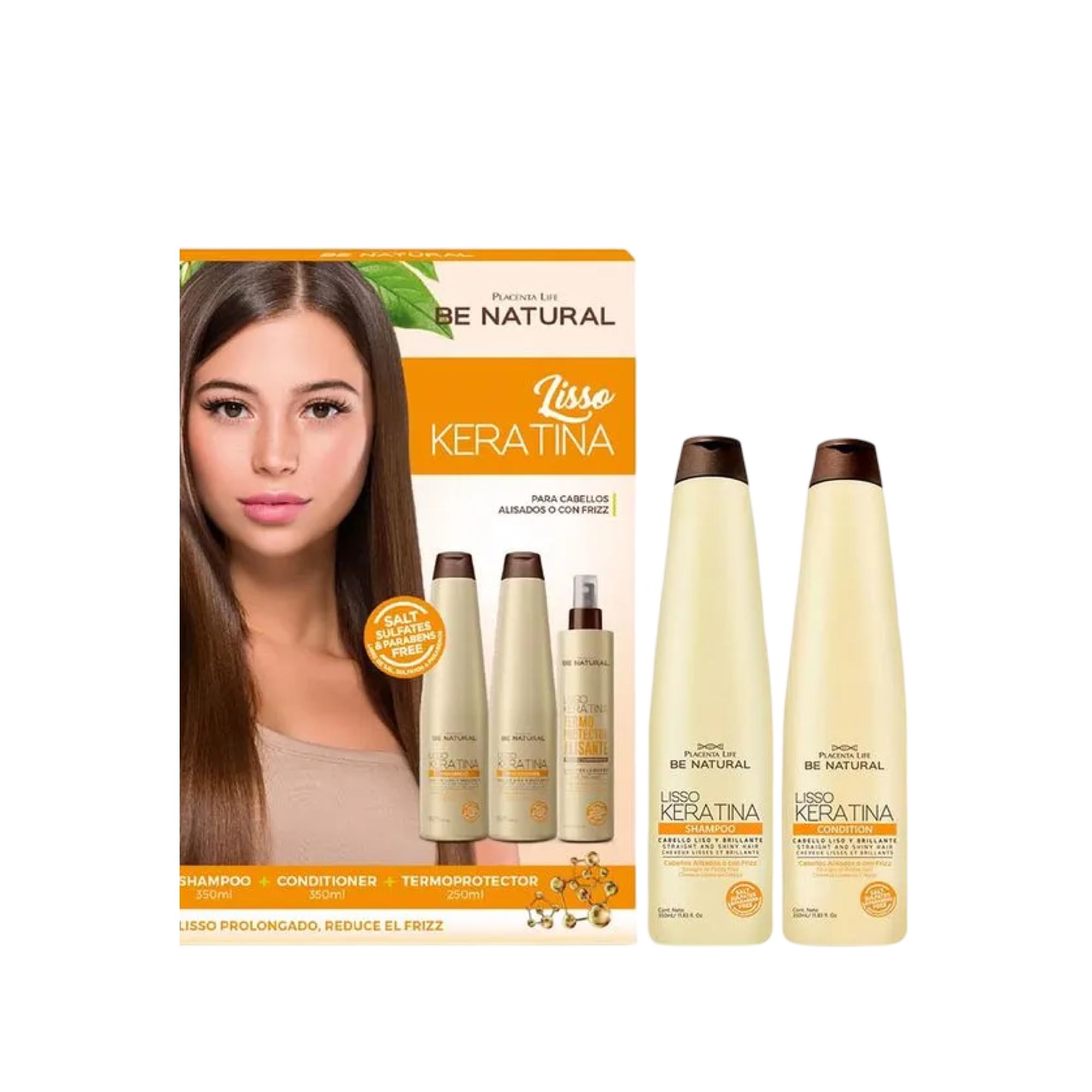 PLACENTA LIFE Termoprotector Alisante Lisso Keratina Be Natural Hair Care  Set Shampoo 12 fl oz, Conditioner 12 fl oz, Heat Protector fl oz