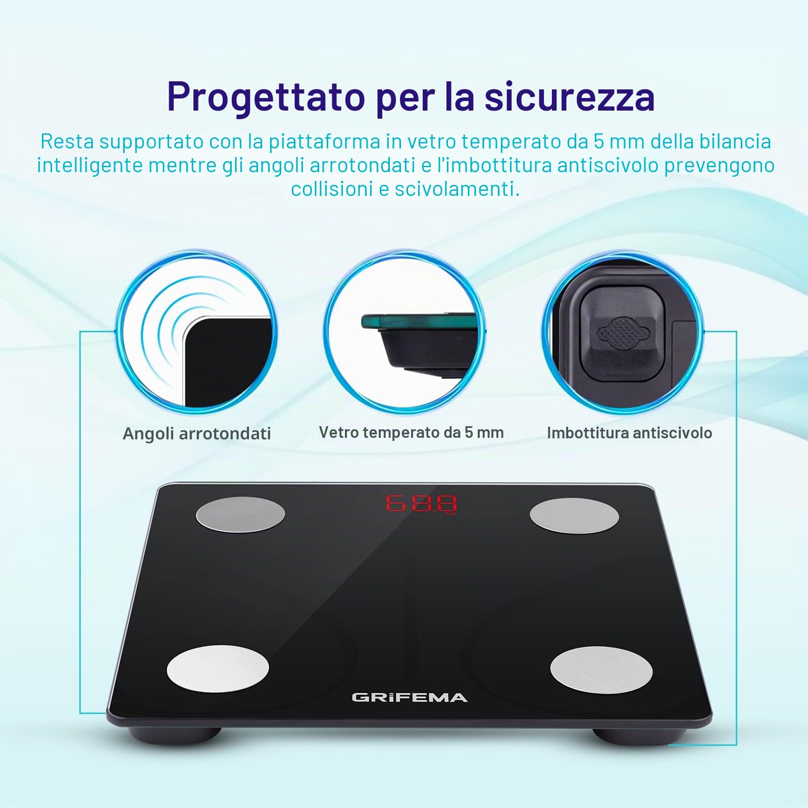 GRIFEMA Bilancia con app, digitale Bluetooth, personale con analisi massa muscolare e del grasso corporeo, per BMI, proteine, nera[Esclusiva Amazon]