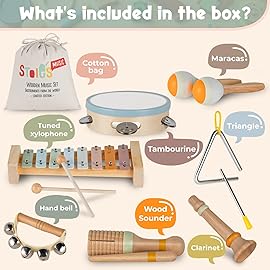 Stoie\'s Wooden Toddler Musical Instruments with Xylophone, Maracas, Triangle, Tamburine for Babies and Kids, Eco Friendly Montessori Educational Toy