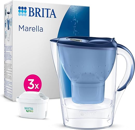 BRITA Jug with Water Filter Marella Blue (2.4 l) Incl. 3x MAXTRA PRO All-in-1 Cartridge - refrigerator adaptable jug with digital LTI and flip lid that reduces chlorine, limescale and impurities.