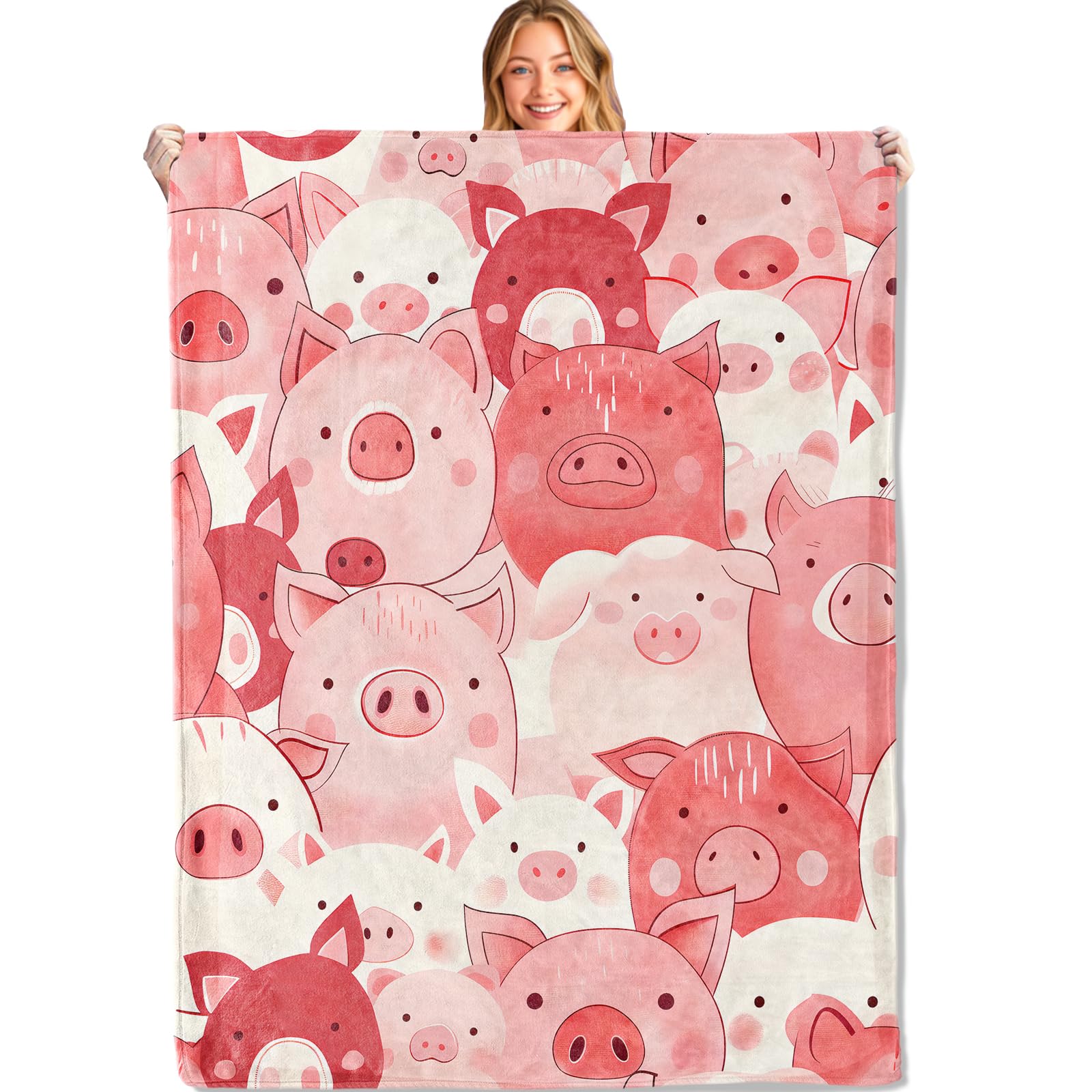 MIEPOS Cute Pig Faces Throw Blanket,50x60in,Soft,Lightweight Flannel,Pink and Red Piggy Blankets - Gifts for Kids & Animal Lovers,for Couch Office